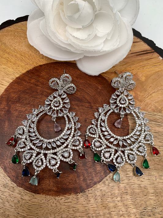 Chandbali AD Multi Stone Silver Finish Earrings