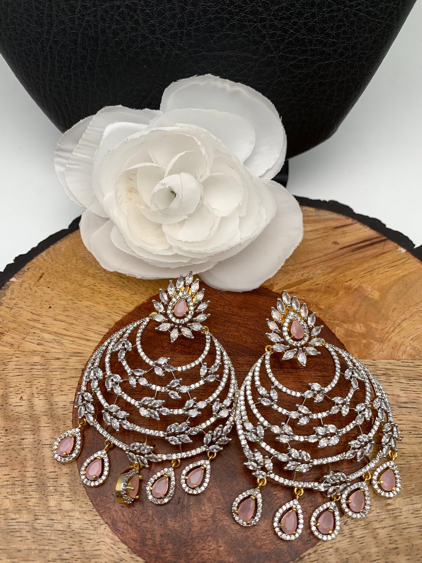 AD Chandbali Pink Stone Earrings