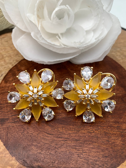 AD Yellow Stone Floral Pattern Ear Studs