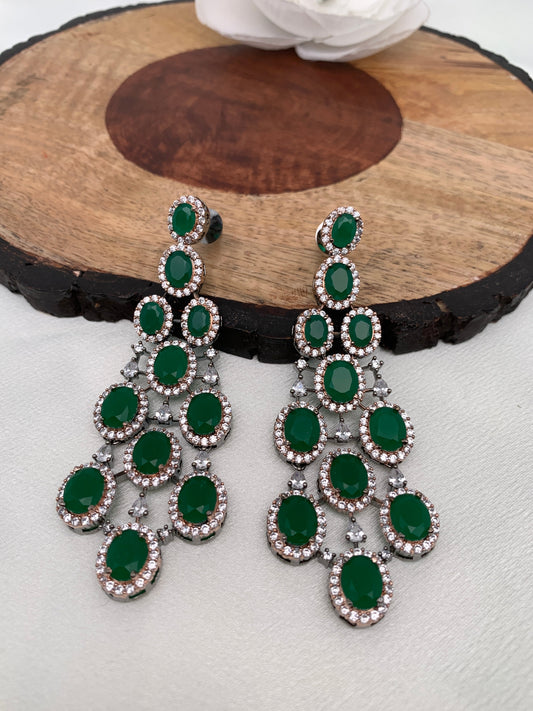 American Diamond Emerald Green Stone Dual Tone Long Earrings