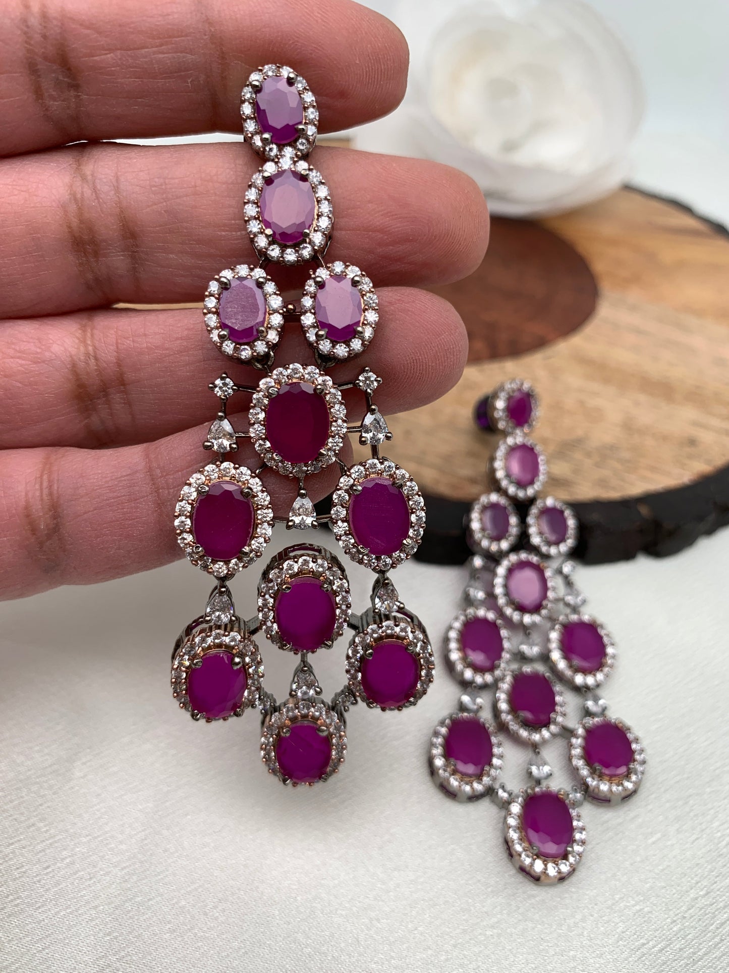 American Diamond Deep Pink Stone Dual Tone Long Earrings