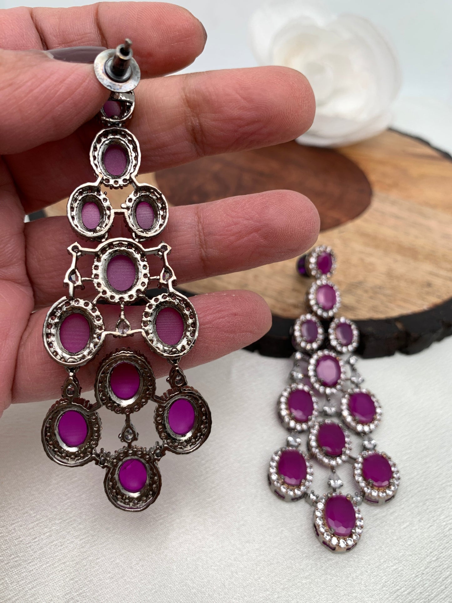 American Diamond Deep Pink Stone Dual Tone Long Earrings