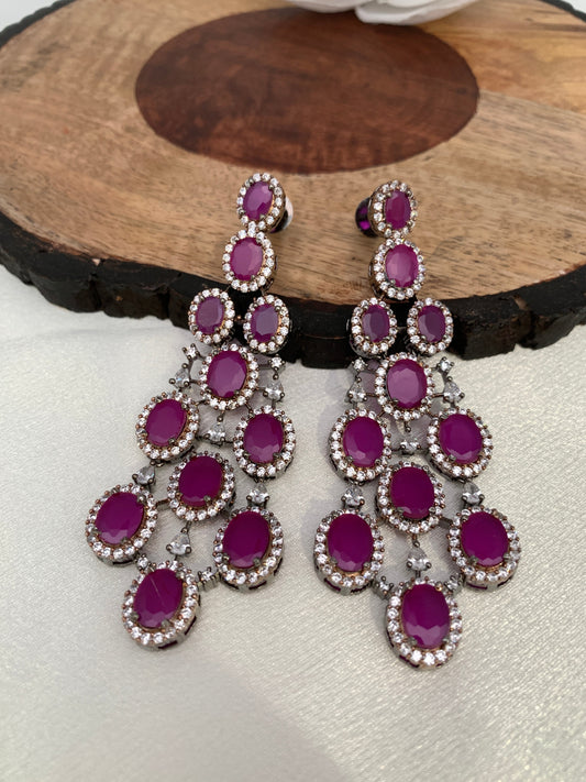 American Diamond Deep Pink Stone Dual Tone Long Earrings