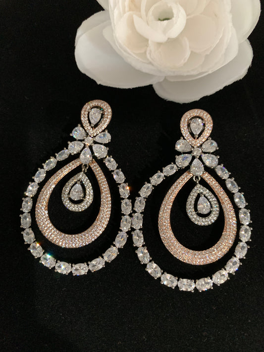 American Diamond Oval Triple Layer Dual Tone Earrings