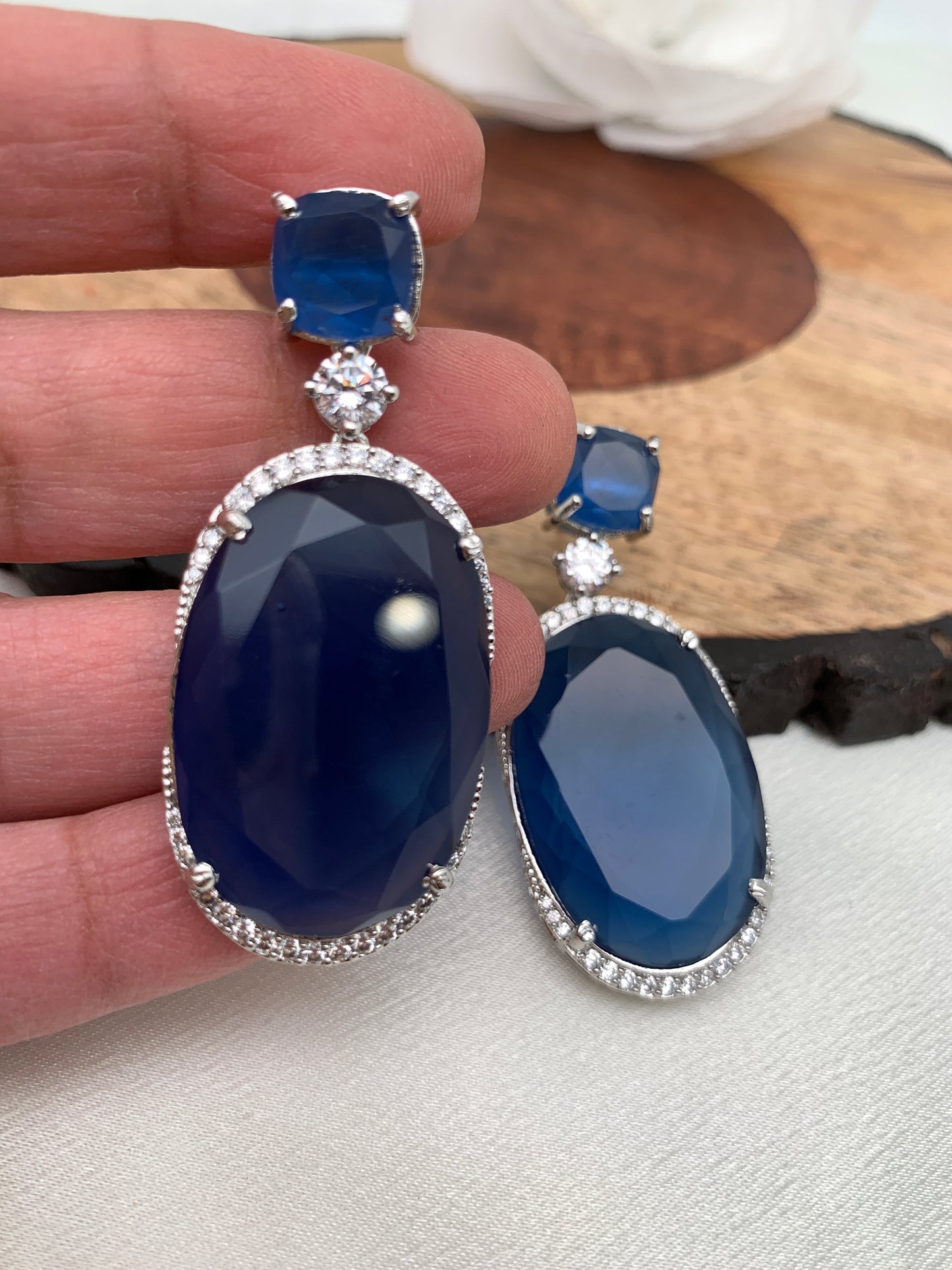 Blue Doublet Stone AD Oval Earrings