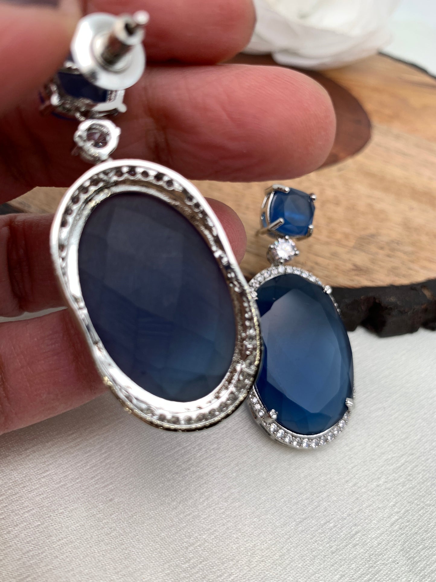 Blue Doublet Stone AD Oval Earrings