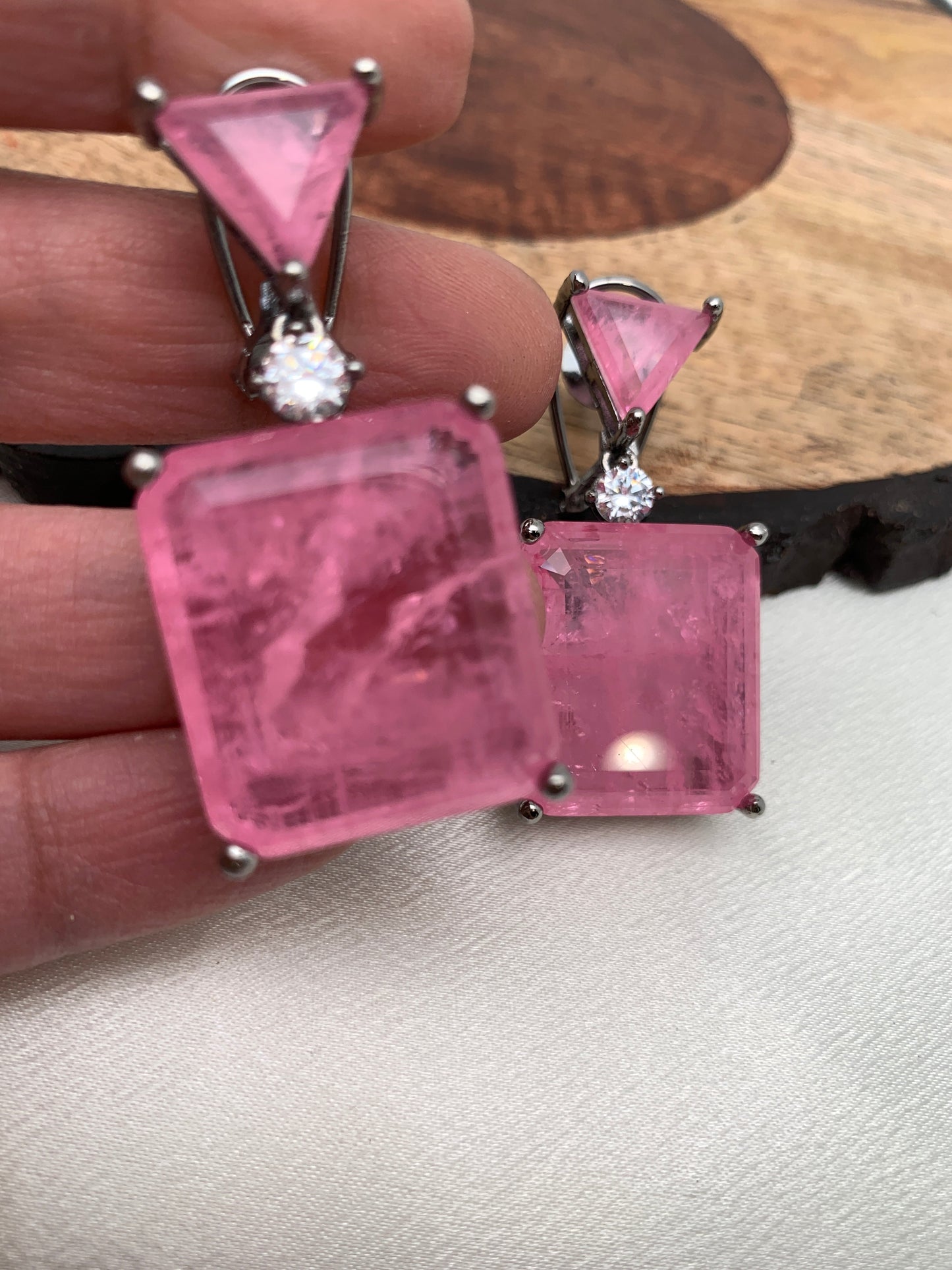 Pink Square Doublet Stone AD Earrings