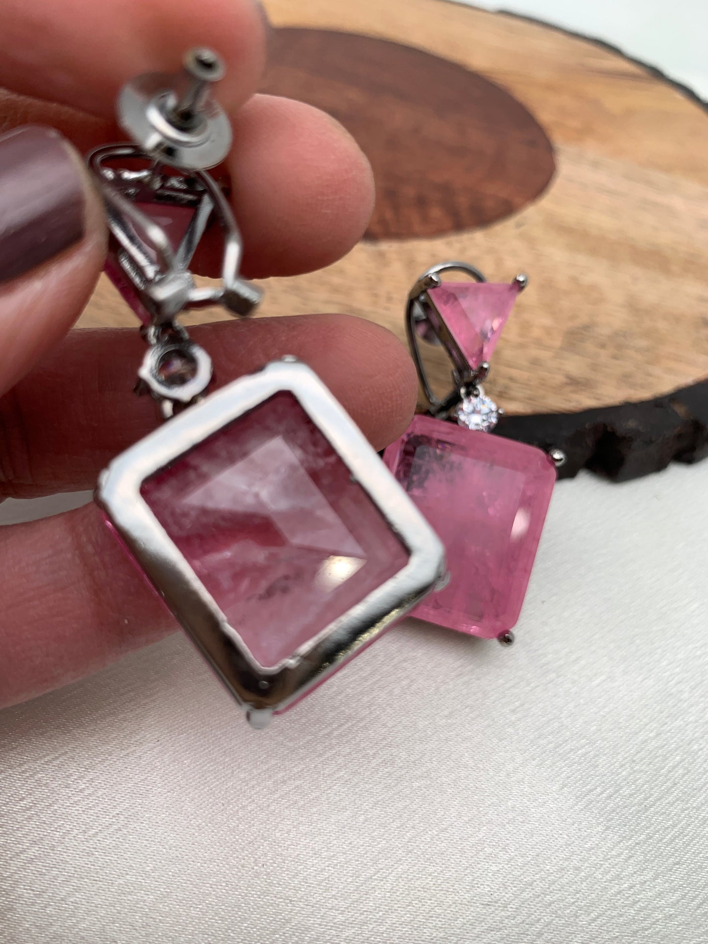 Pink Square Doublet Stone AD Earrings