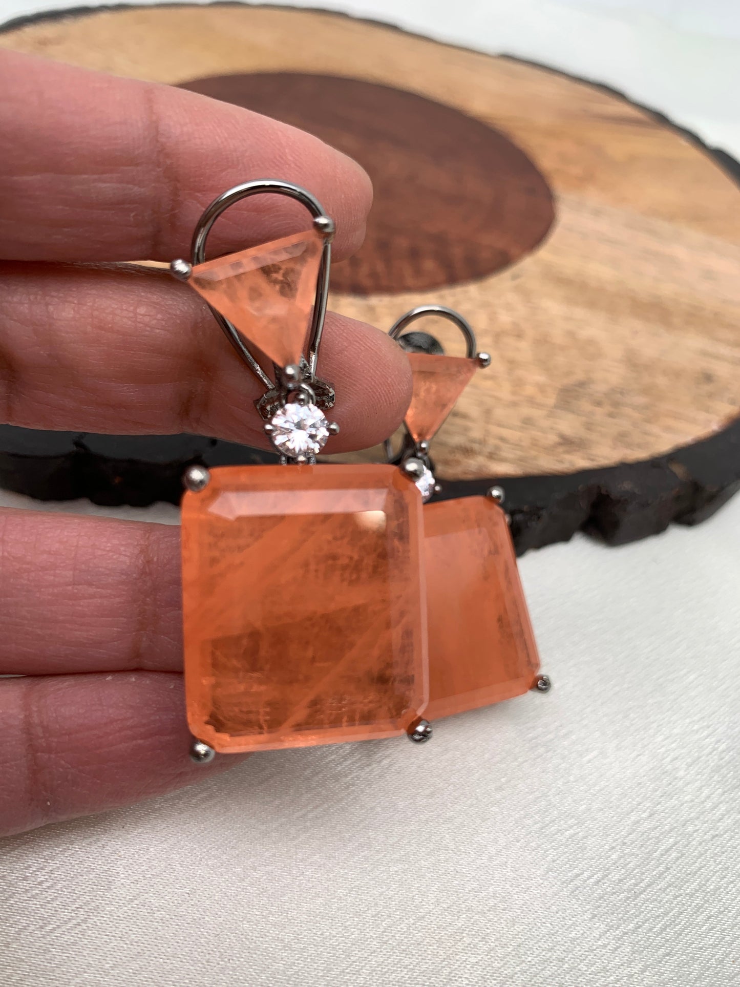 Peach Square Doublet Stone AD Earrings