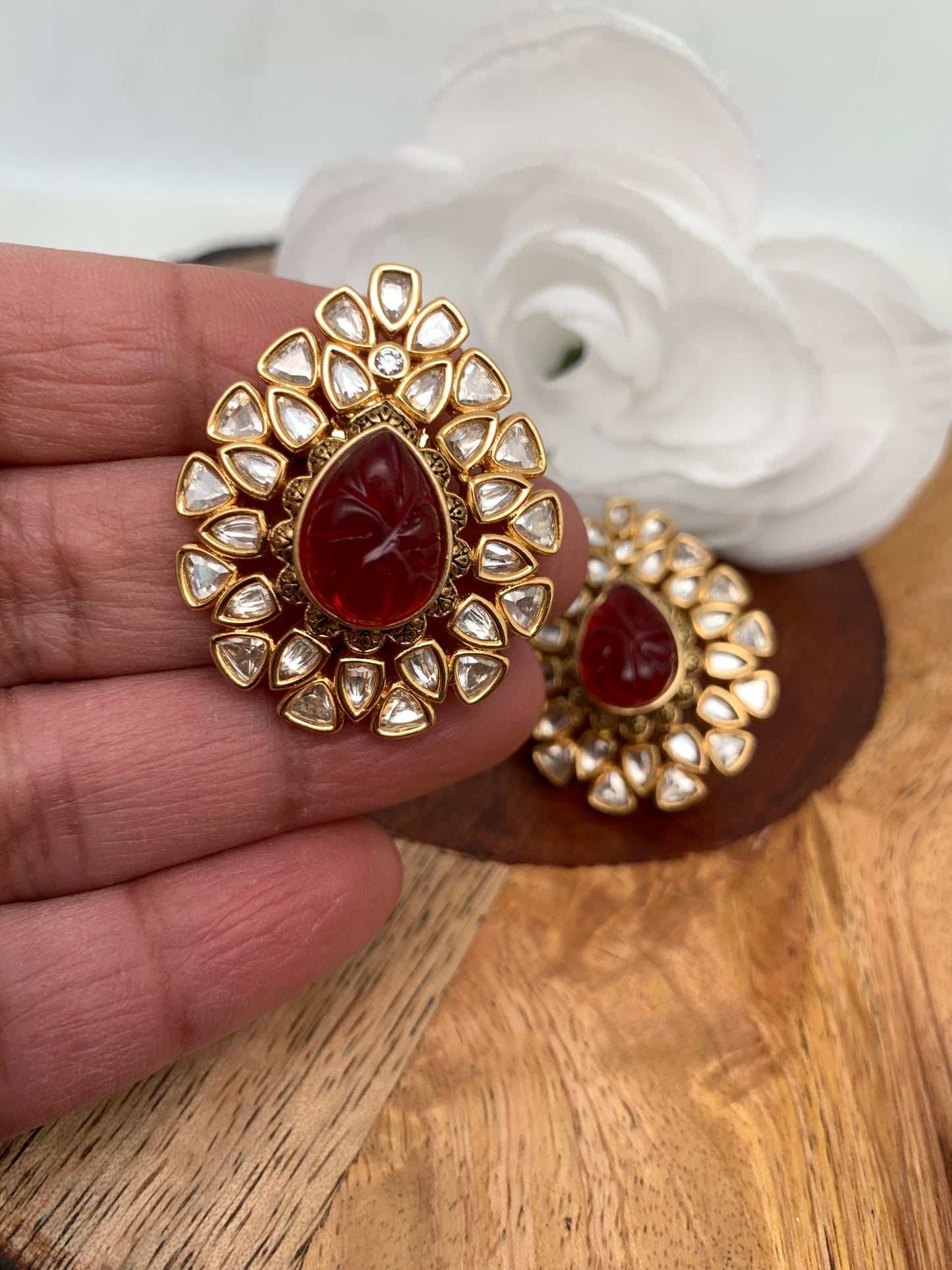 Red Carved Stone Kundan Studs