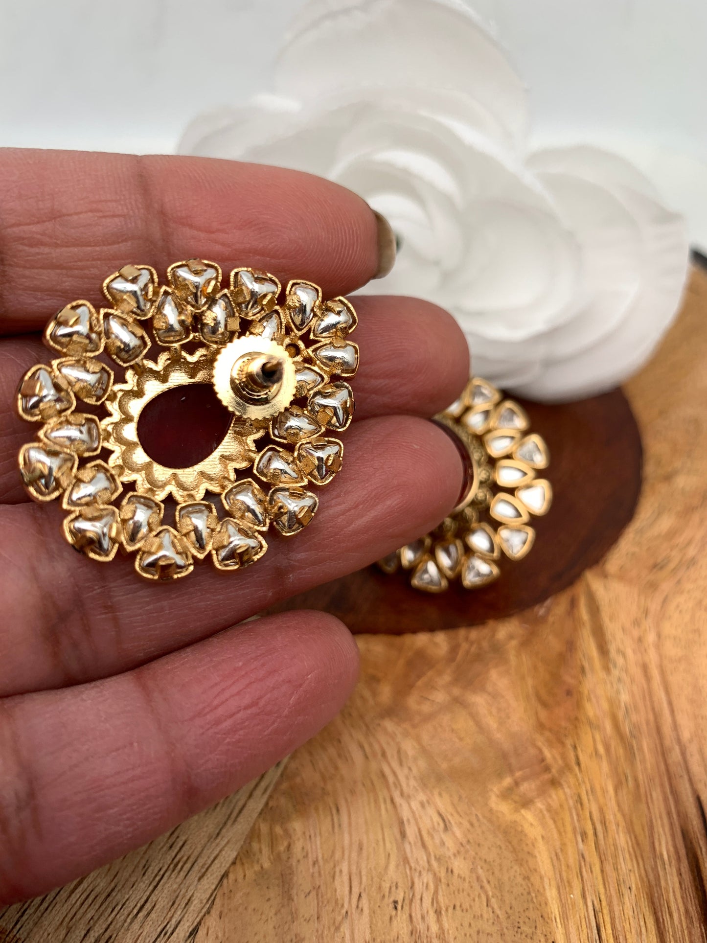 Red Carved Stone Kundan Studs