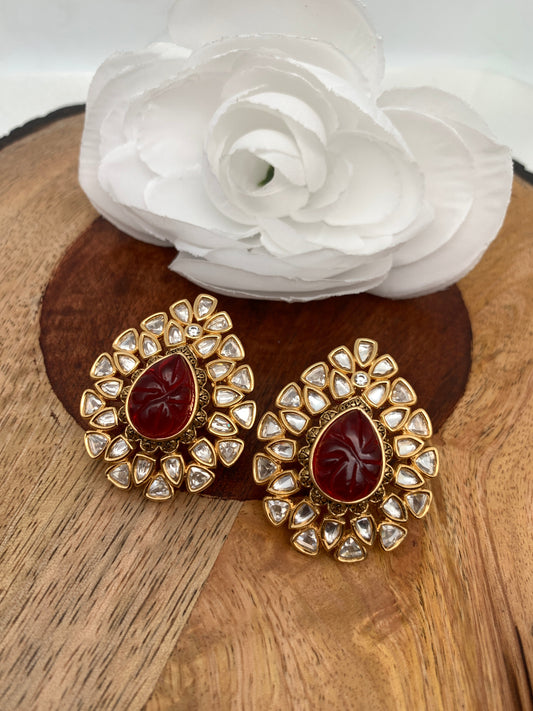 Red Carved Stone Kundan Studs