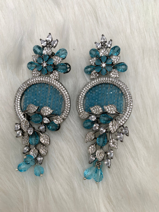 AD Color Stone Floral Design Victorian Earrings - Blue