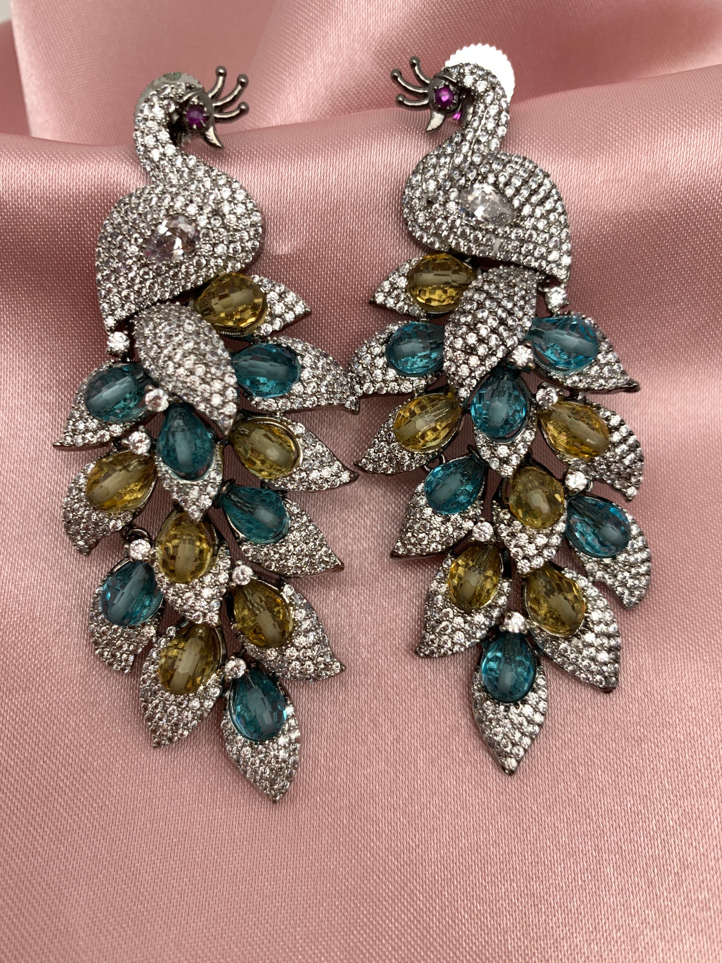 AD Color Stone Peacock Statement Victorian Earrings - Blue