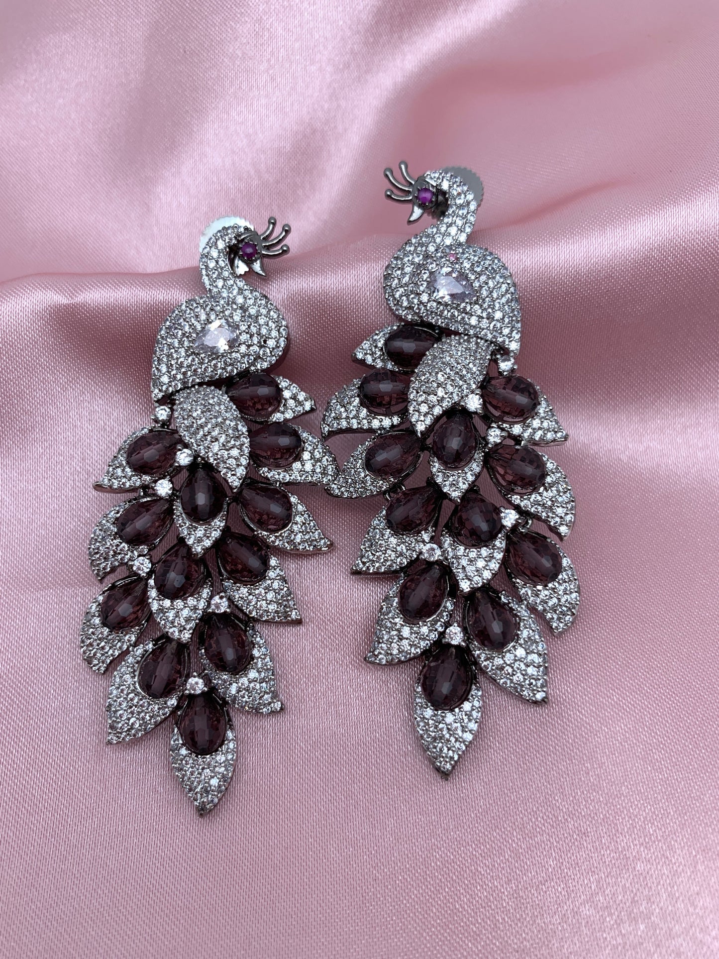 AD Color Stone Peacock Statement Victorian Earrings - Purple