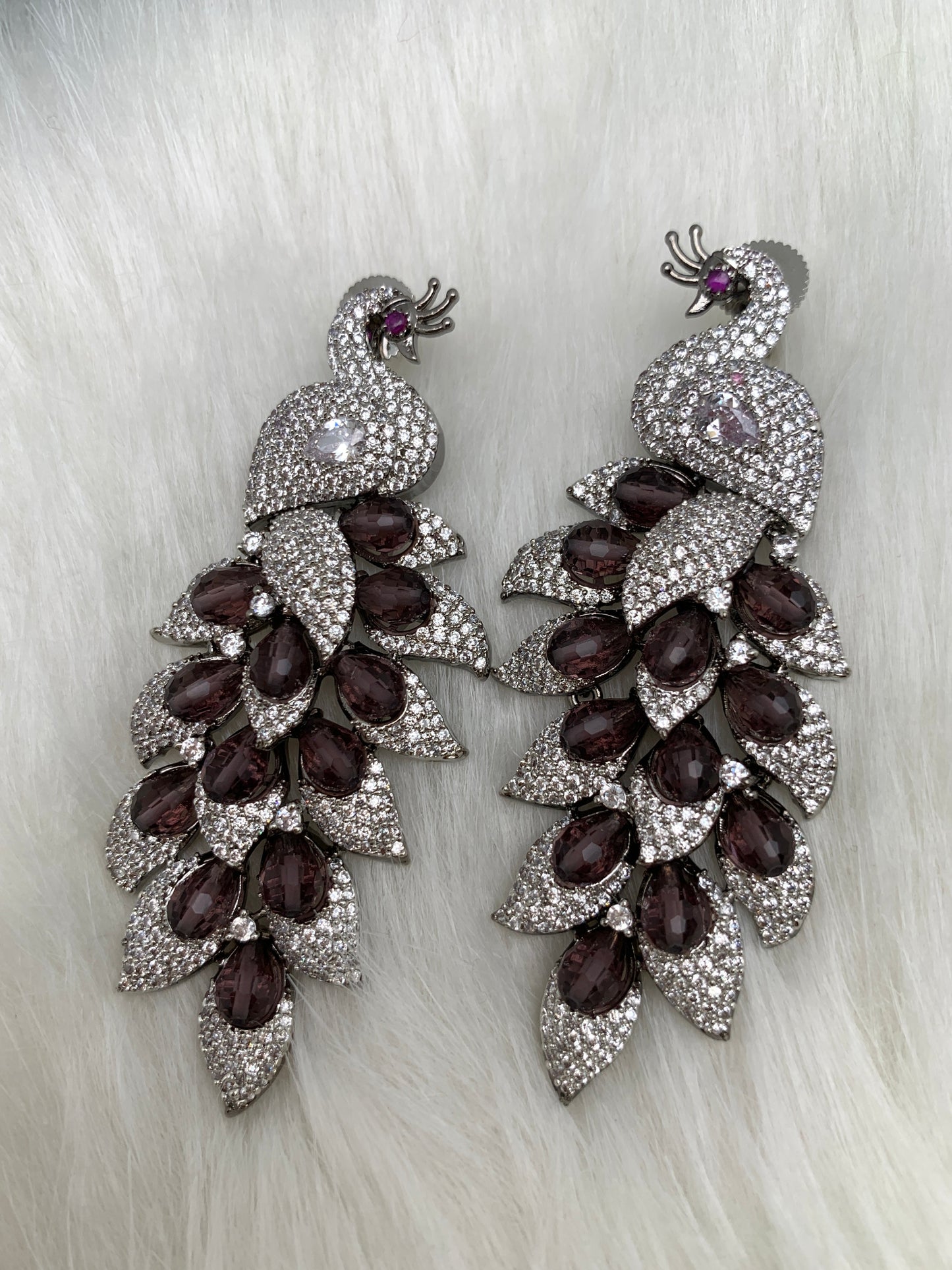 AD Color Stone Peacock Statement Victorian Earrings - Purple