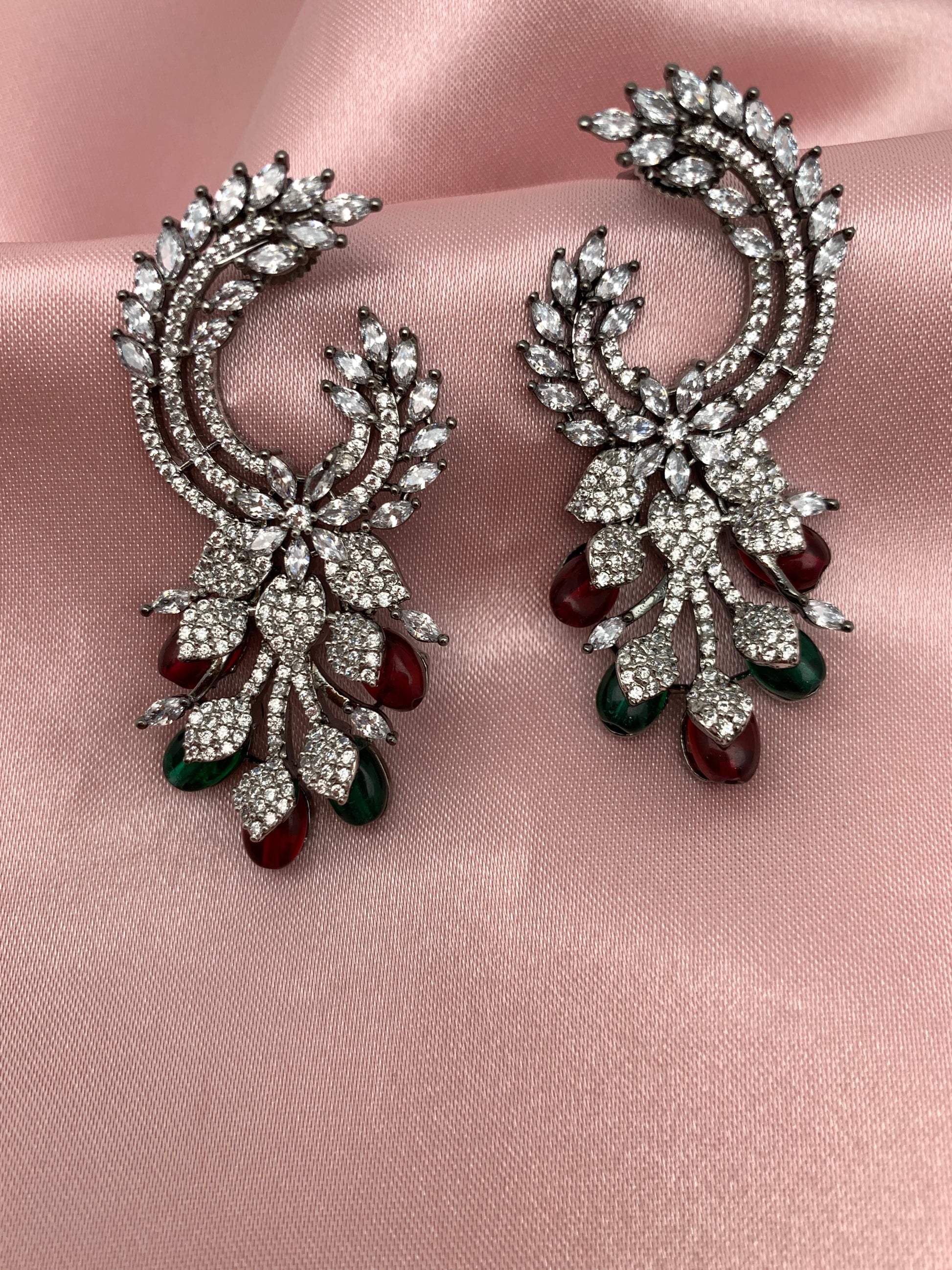 AD Color Stone Statement Victorian Earrings - Red