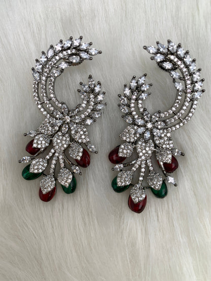 AD Color Stone Statement Victorian Earrings - Red