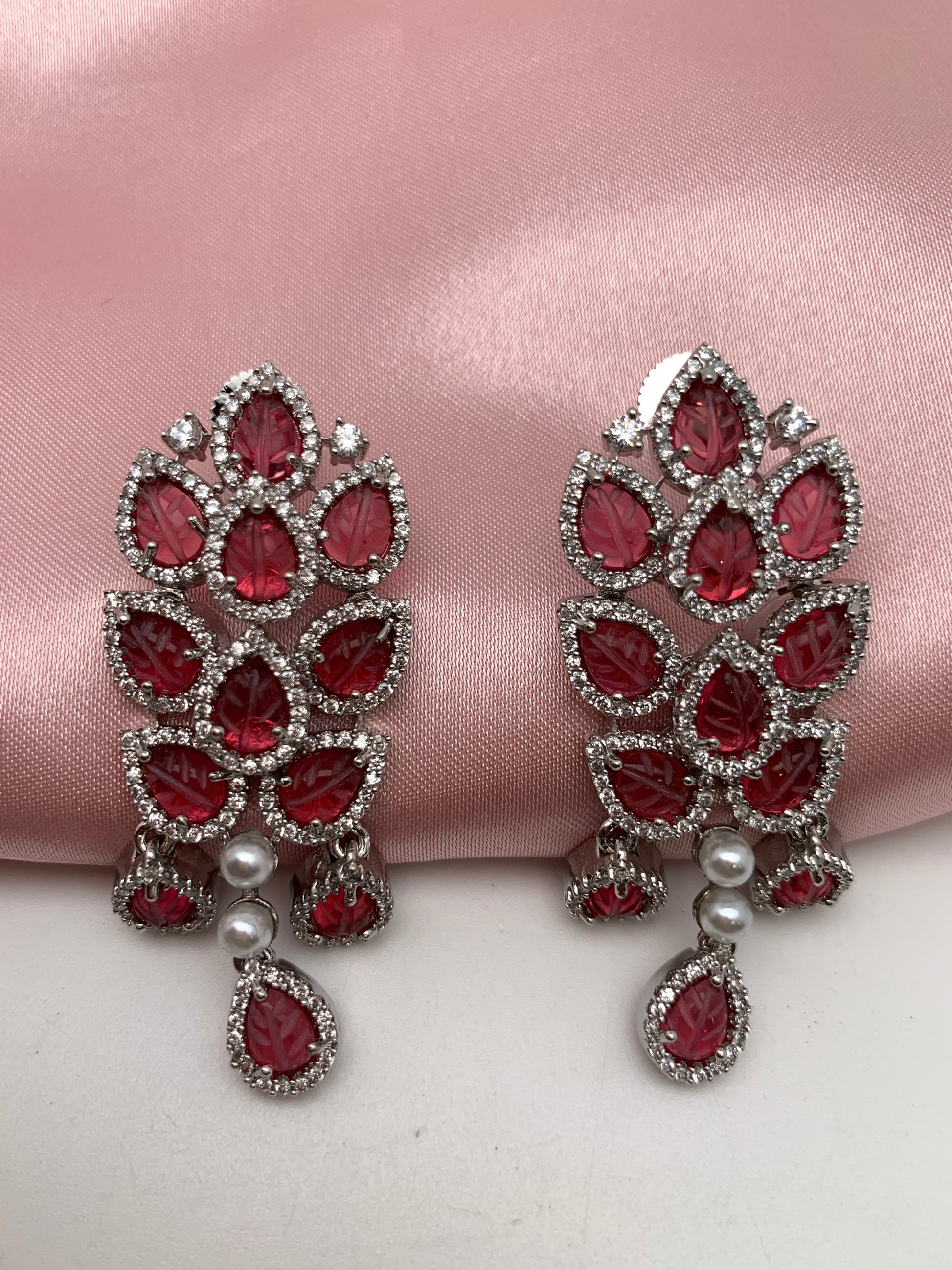 AD Color Stone Floral Design Silver Finish Earrings - Red