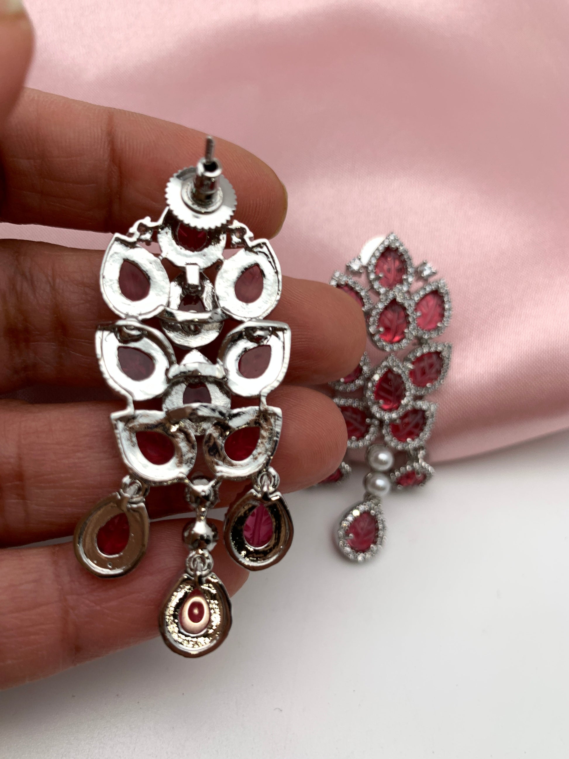 AD Color Stone Floral Design Silver Finish Earrings - Red