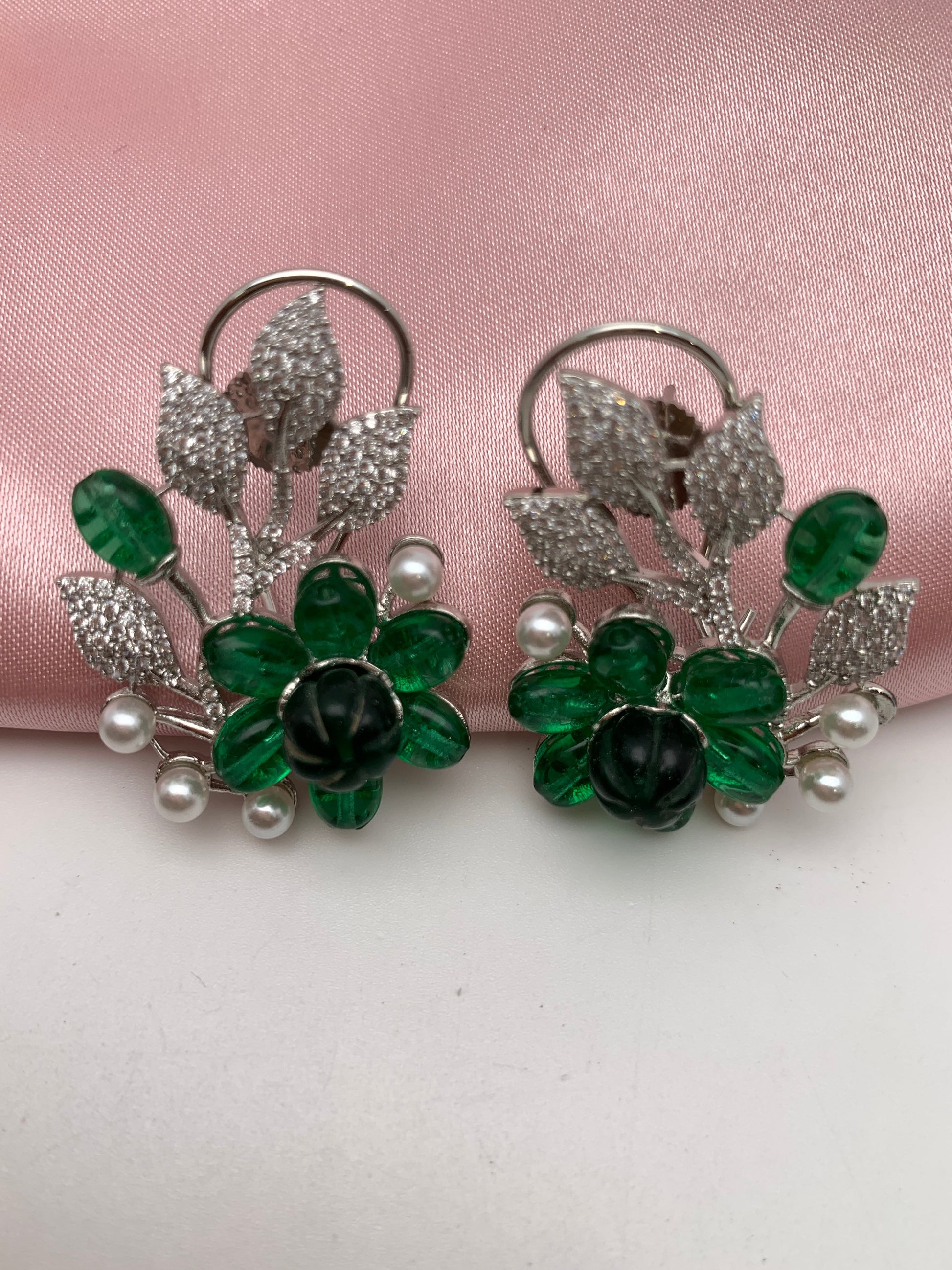 AD Color Stone Floral Design Silver Finish Earrings - Green