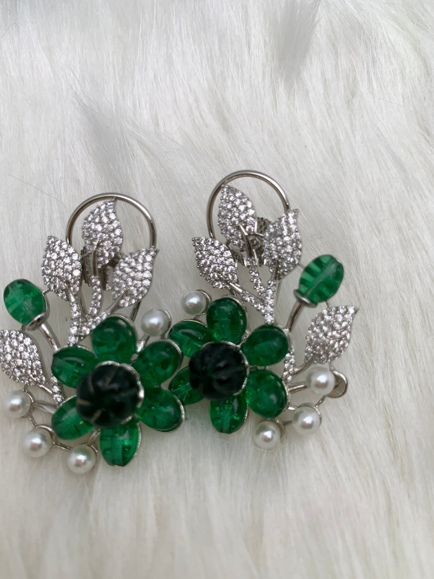 AD Color Stone Floral Design Silver Finish Earrings - Green