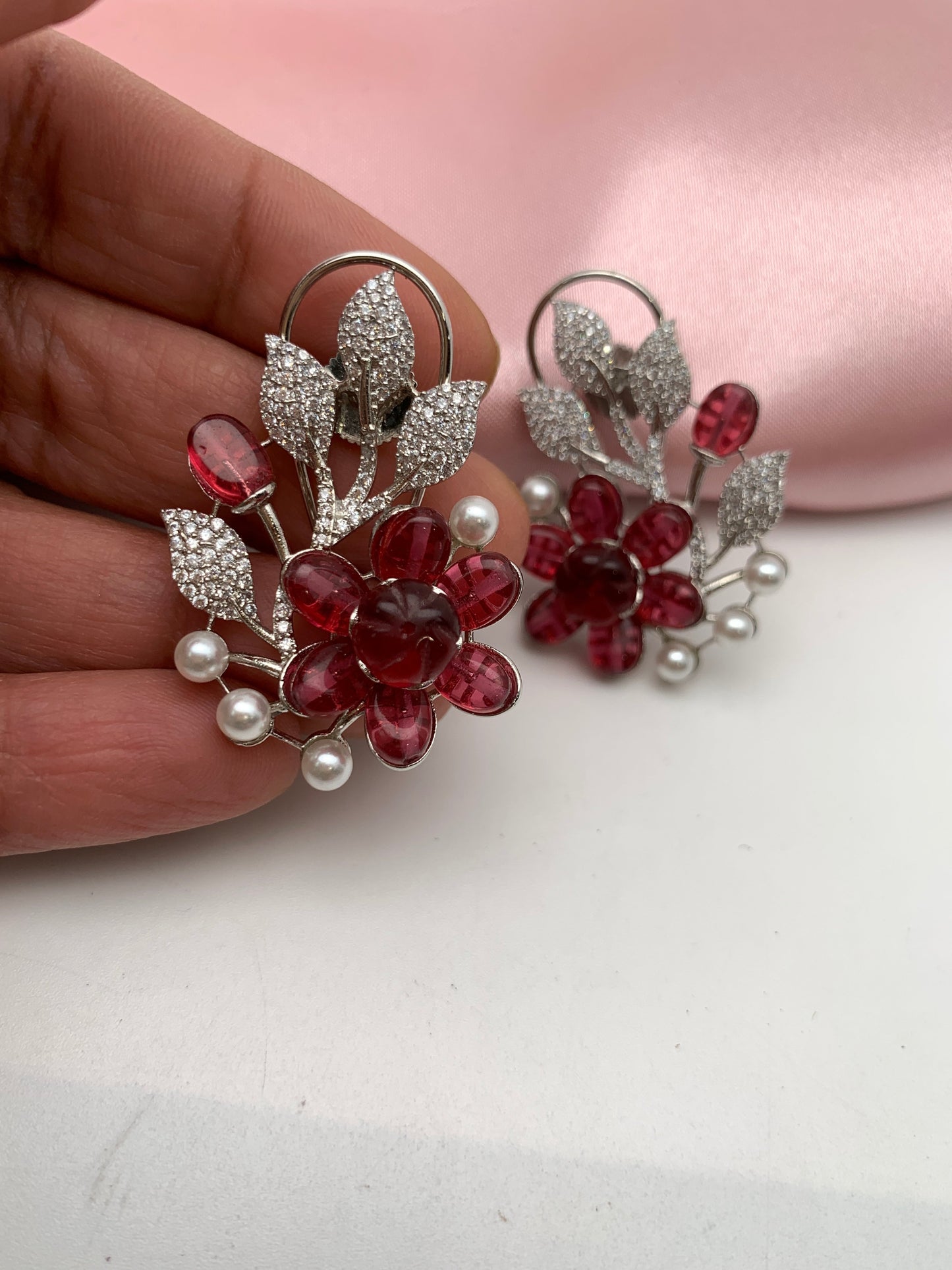 AD Color Stone Floral Design Silver Finish Earrings - Red