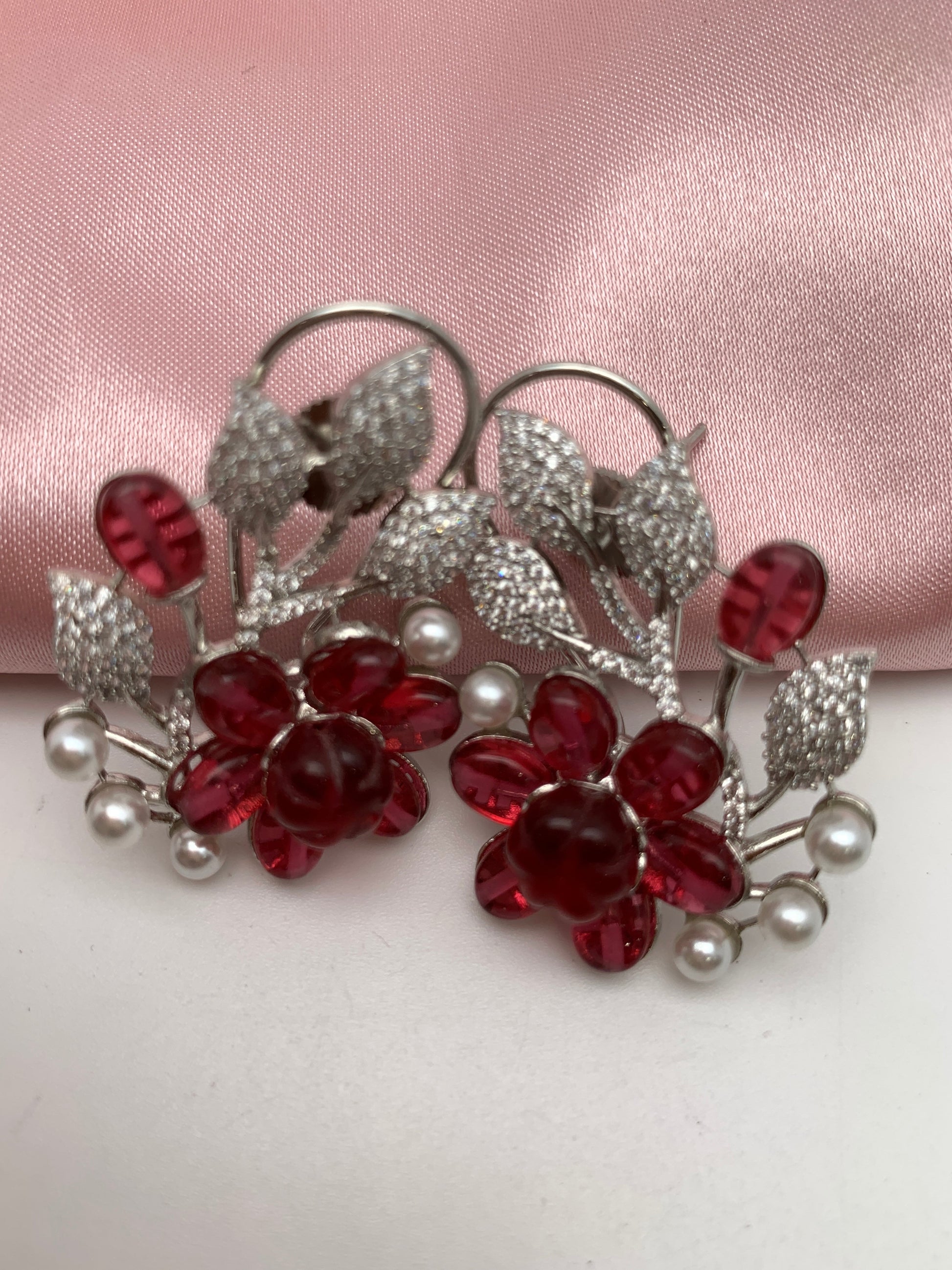 AD Color Stone Floral Design Silver Finish Earrings - Red