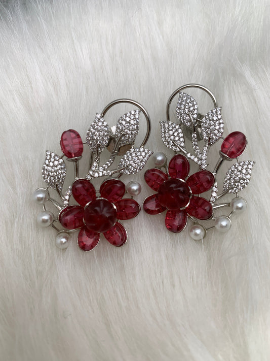 AD Color Stone Floral Design Silver Finish Earrings - Red