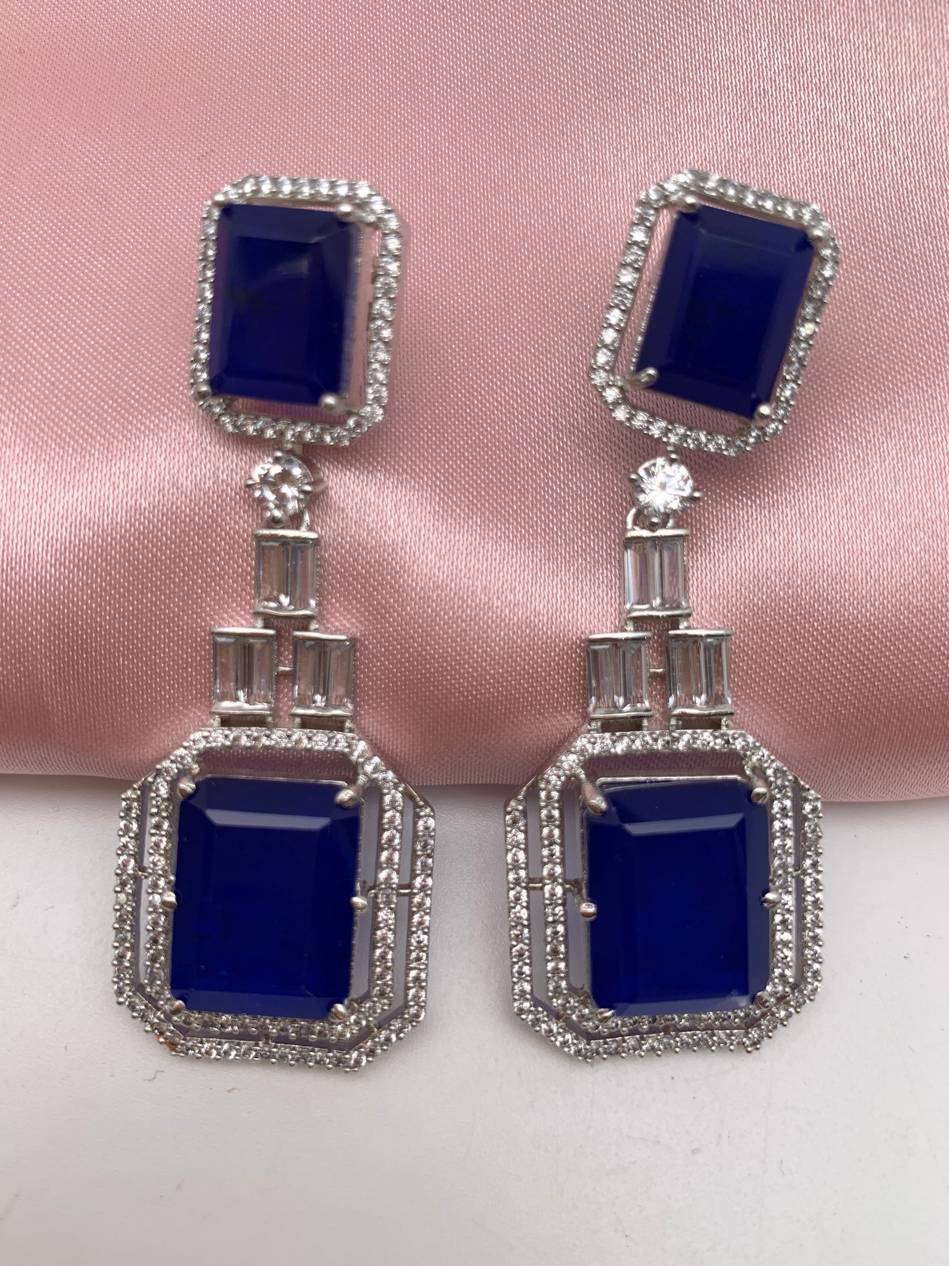 AD Doublet Stone Silver Finish Earrings - Blue