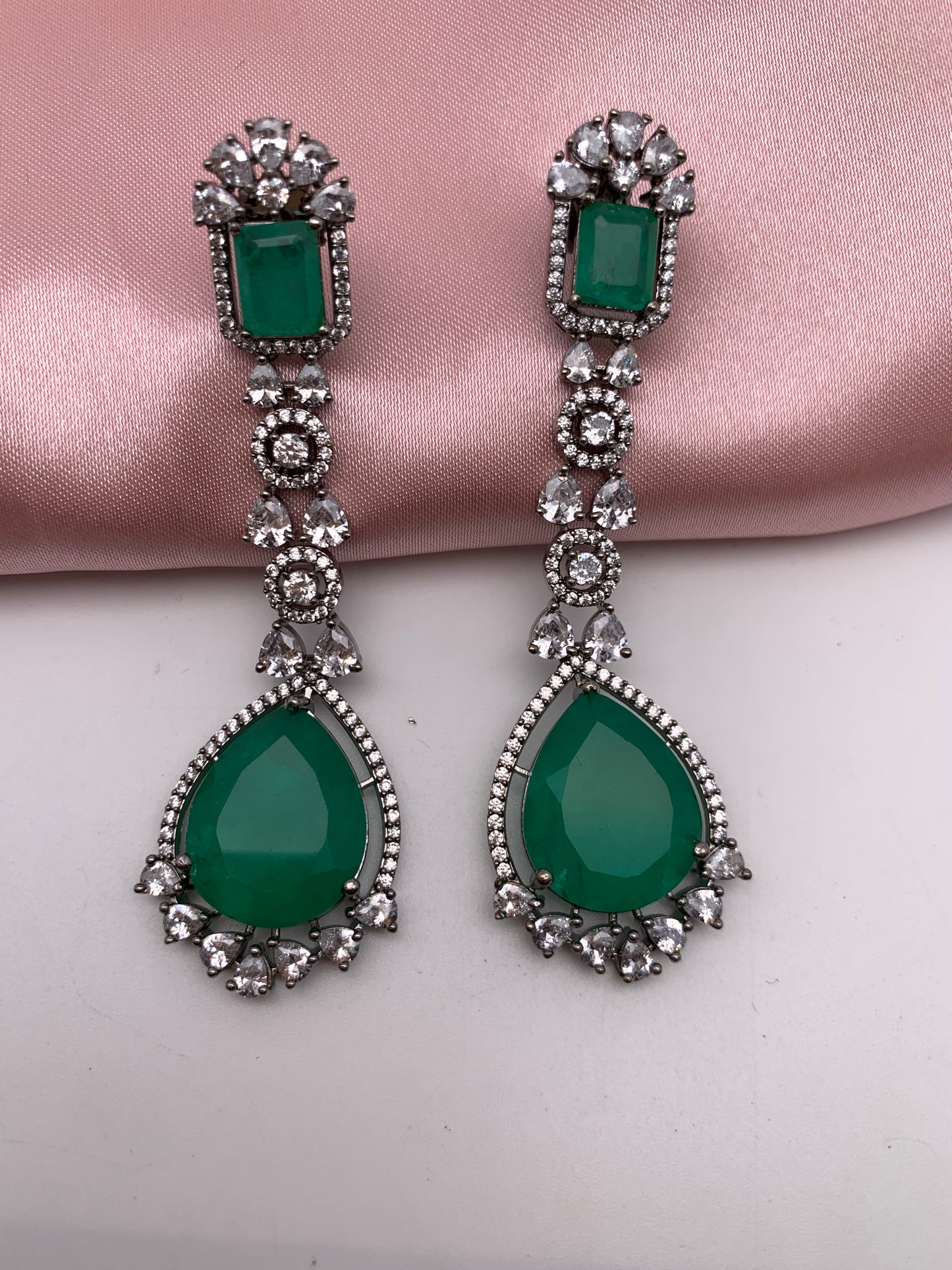 AD Doublet Stone Victorian Finish Earrings - Green