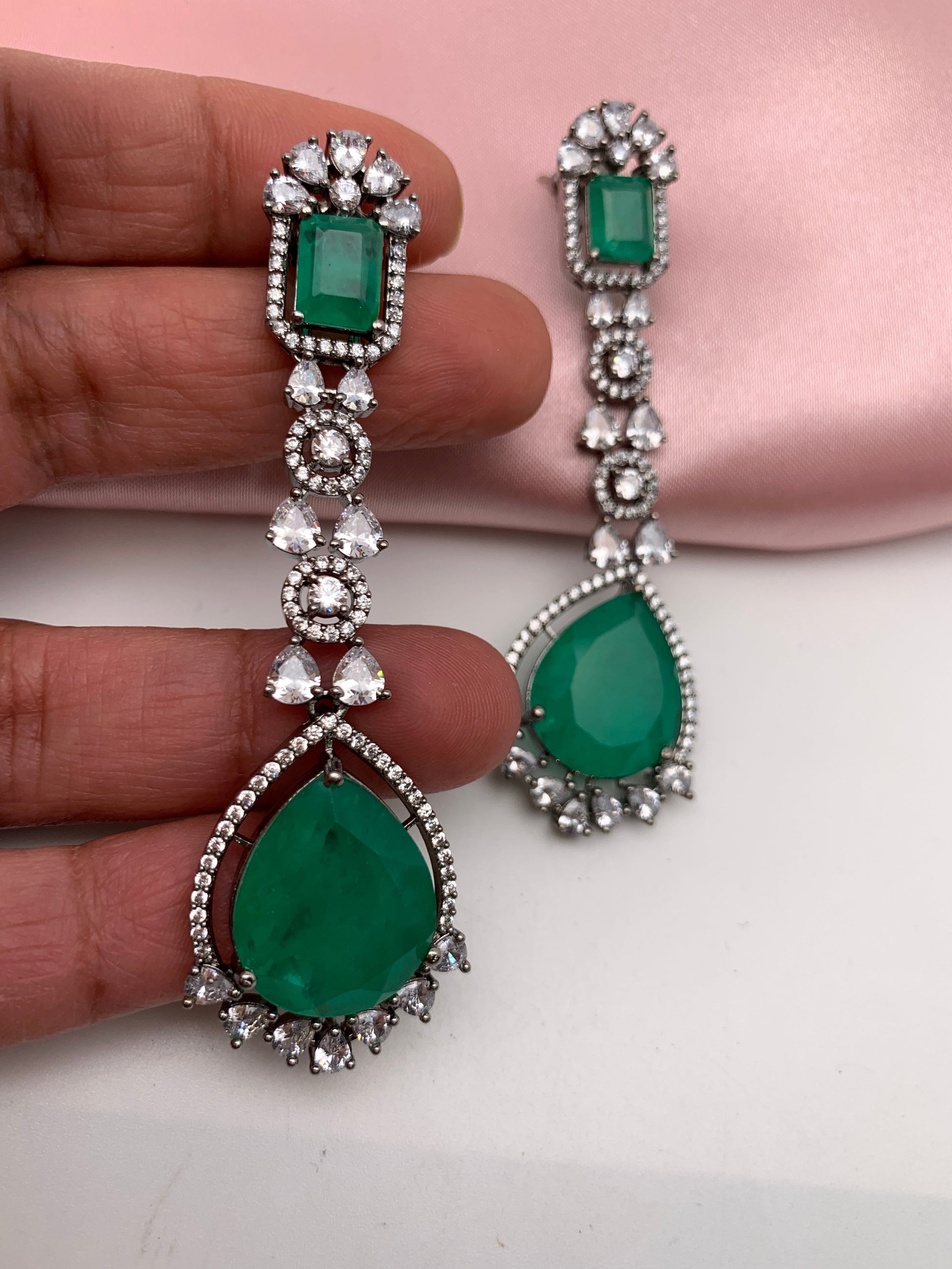 AD Doublet Stone Victorian Finish Earrings - Green