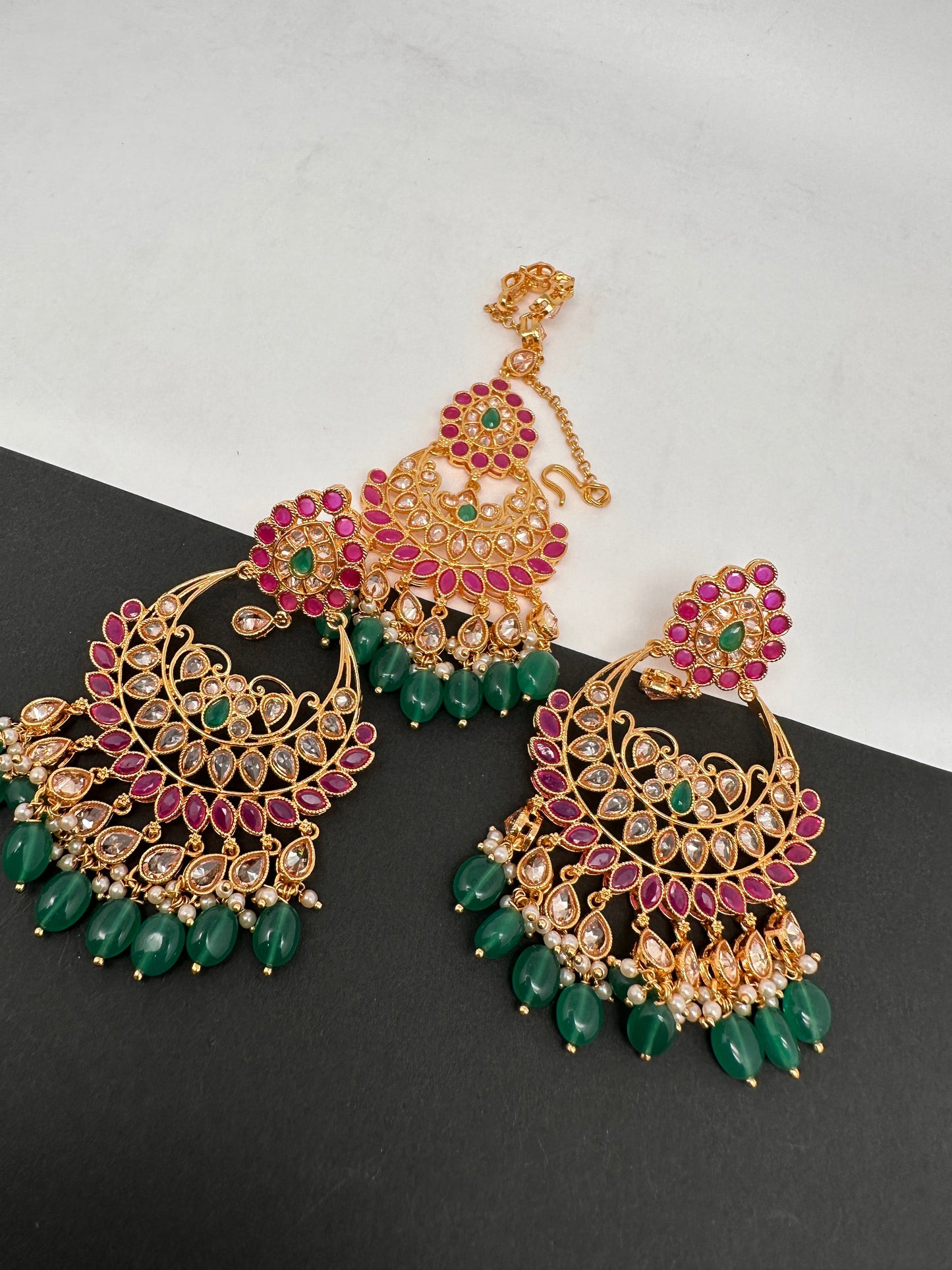 Clear Stone Polki Pearls Chandbali Earrings with Maang Teeka