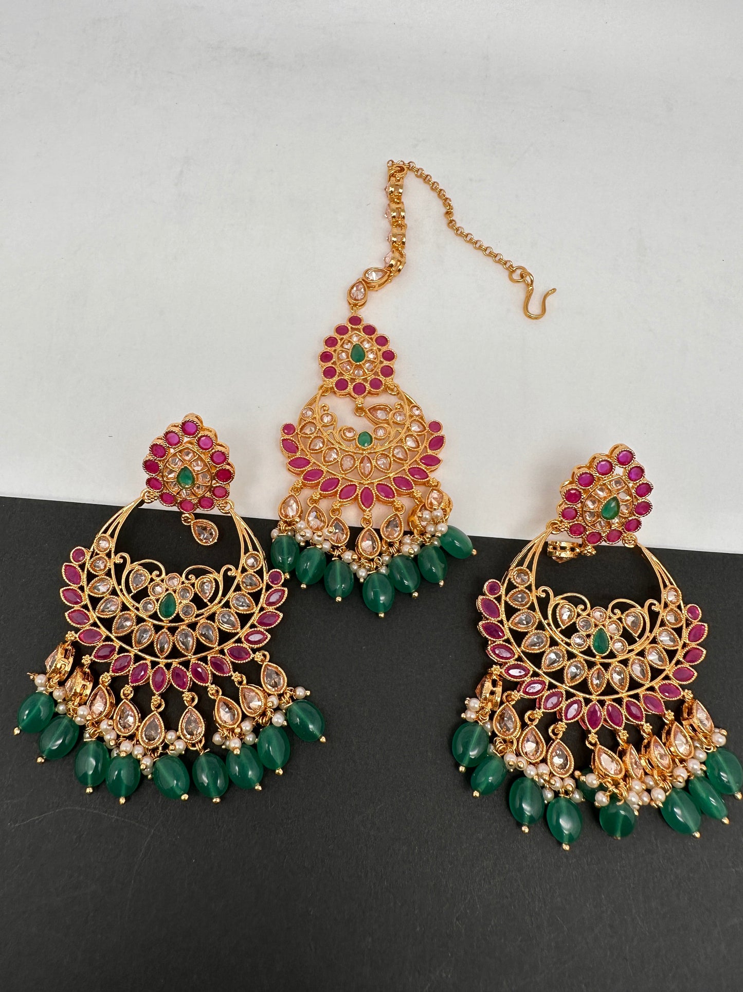 Clear Stone Polki Pearls Chandbali Earrings with Maang Teeka