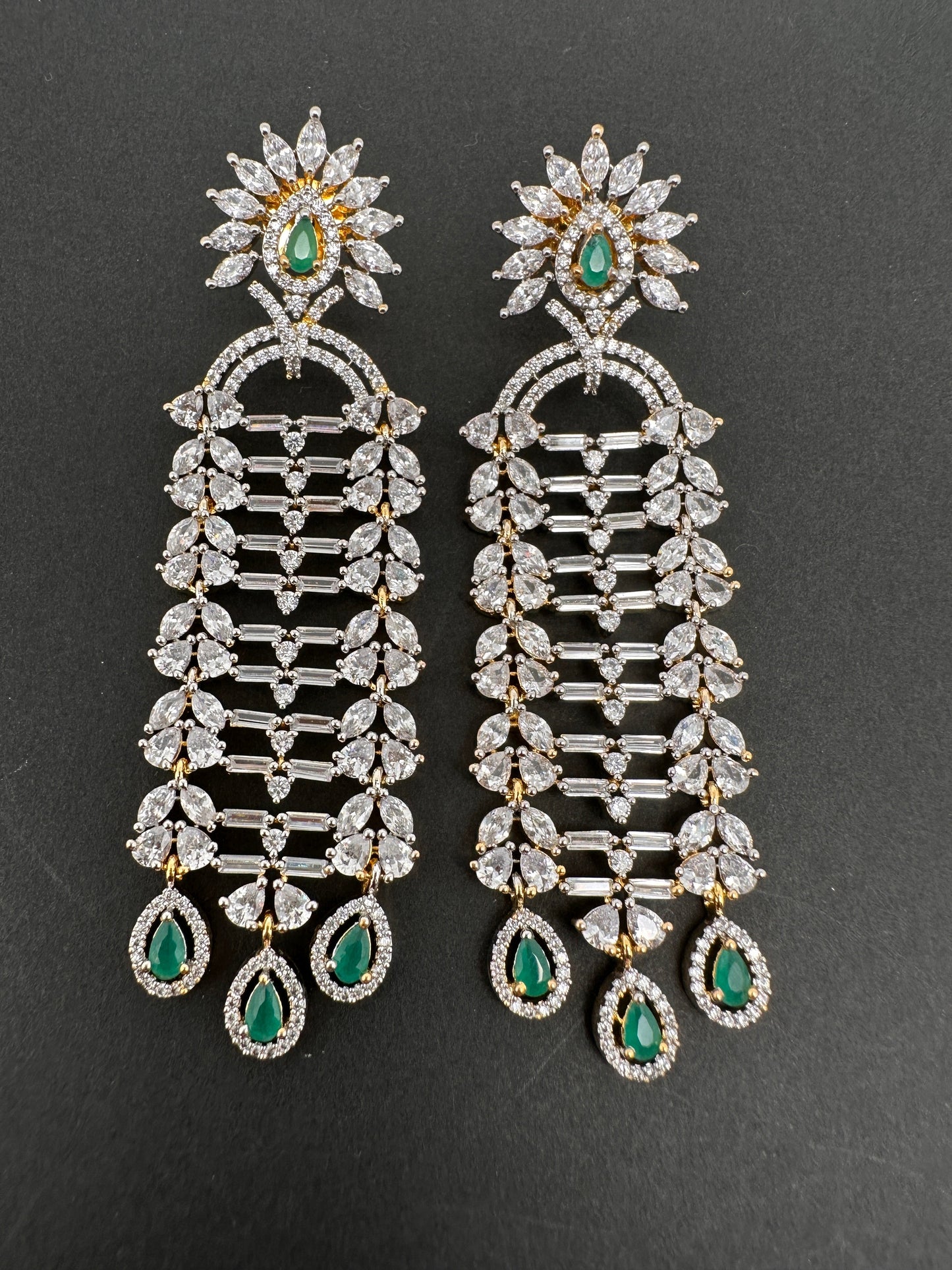 AD Baguette Color Stone Cascade Design Earrings - Green