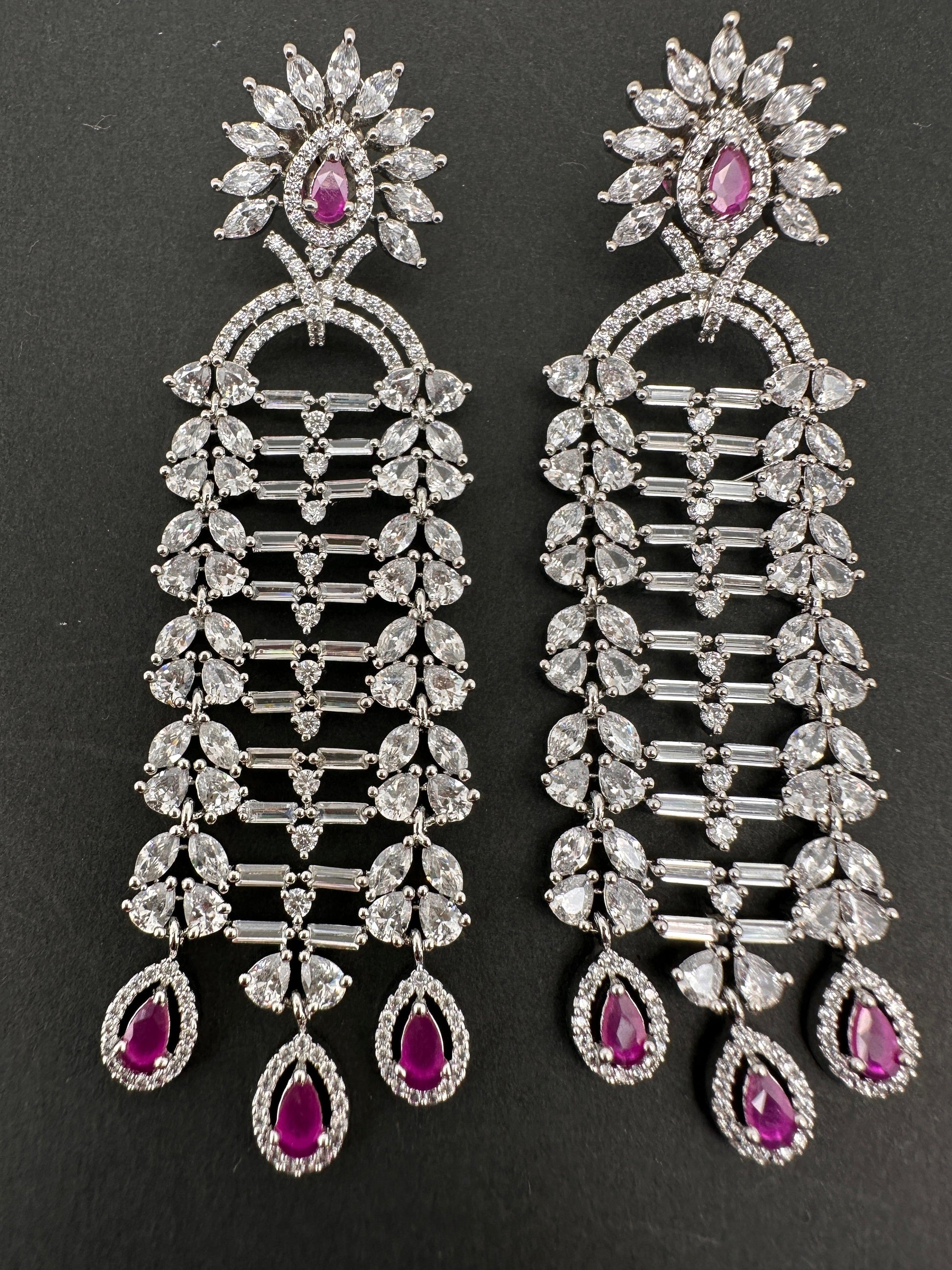 AD Baguette Color Stone Cascade Design Earrings - Red