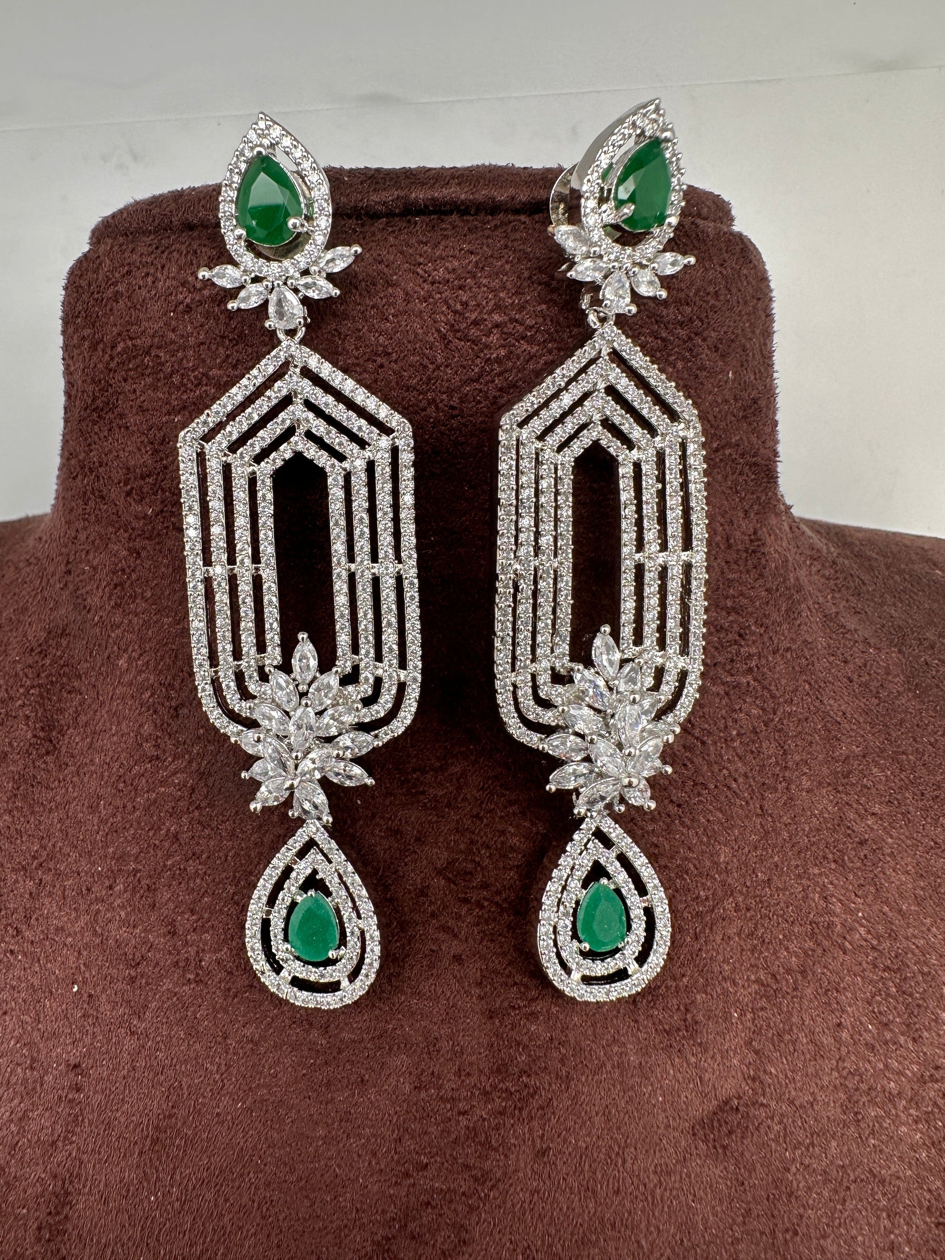 AD Color Stone Cascade Design Earrings - Green