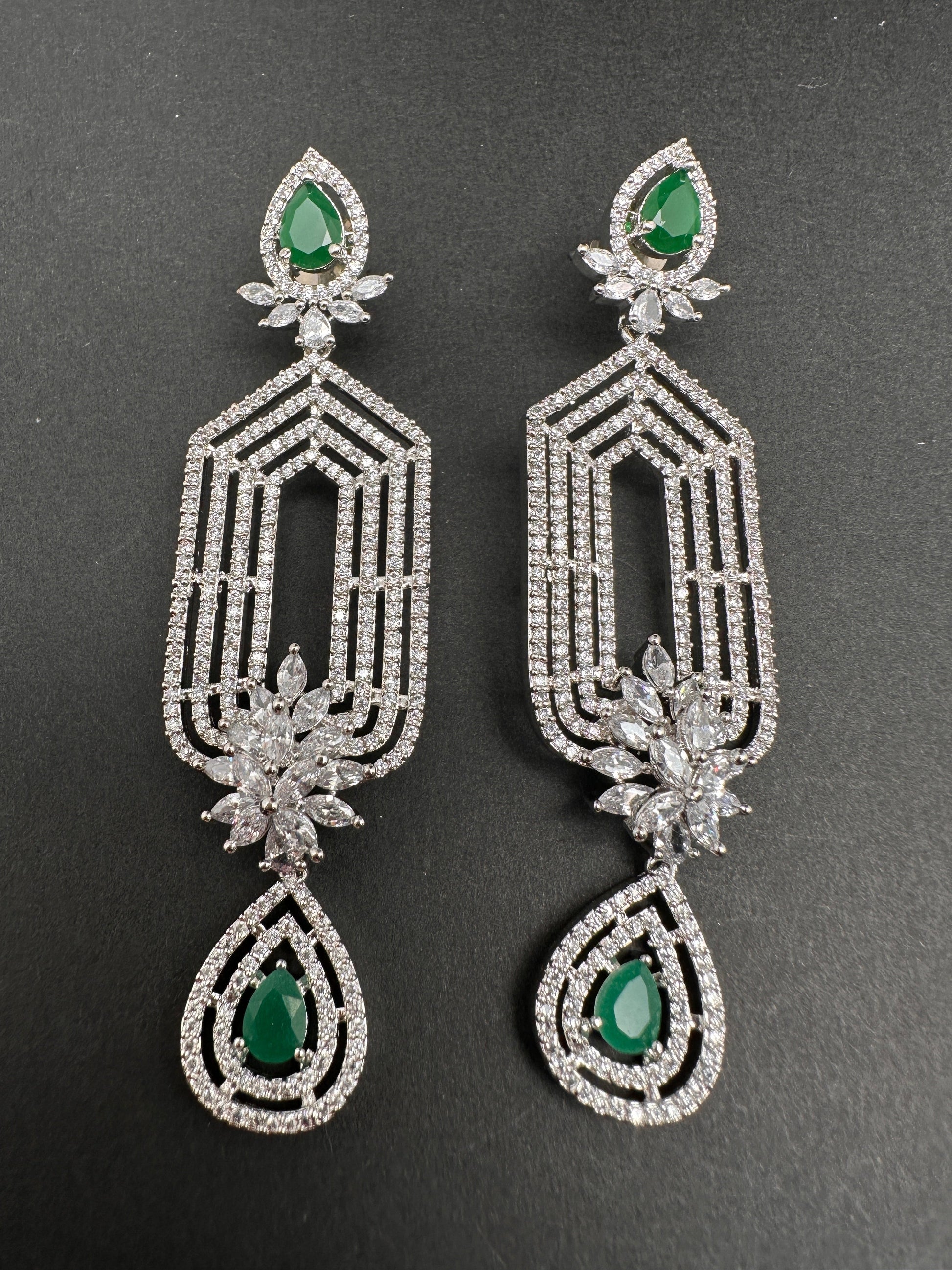 AD Color Stone Cascade Design Earrings - Green