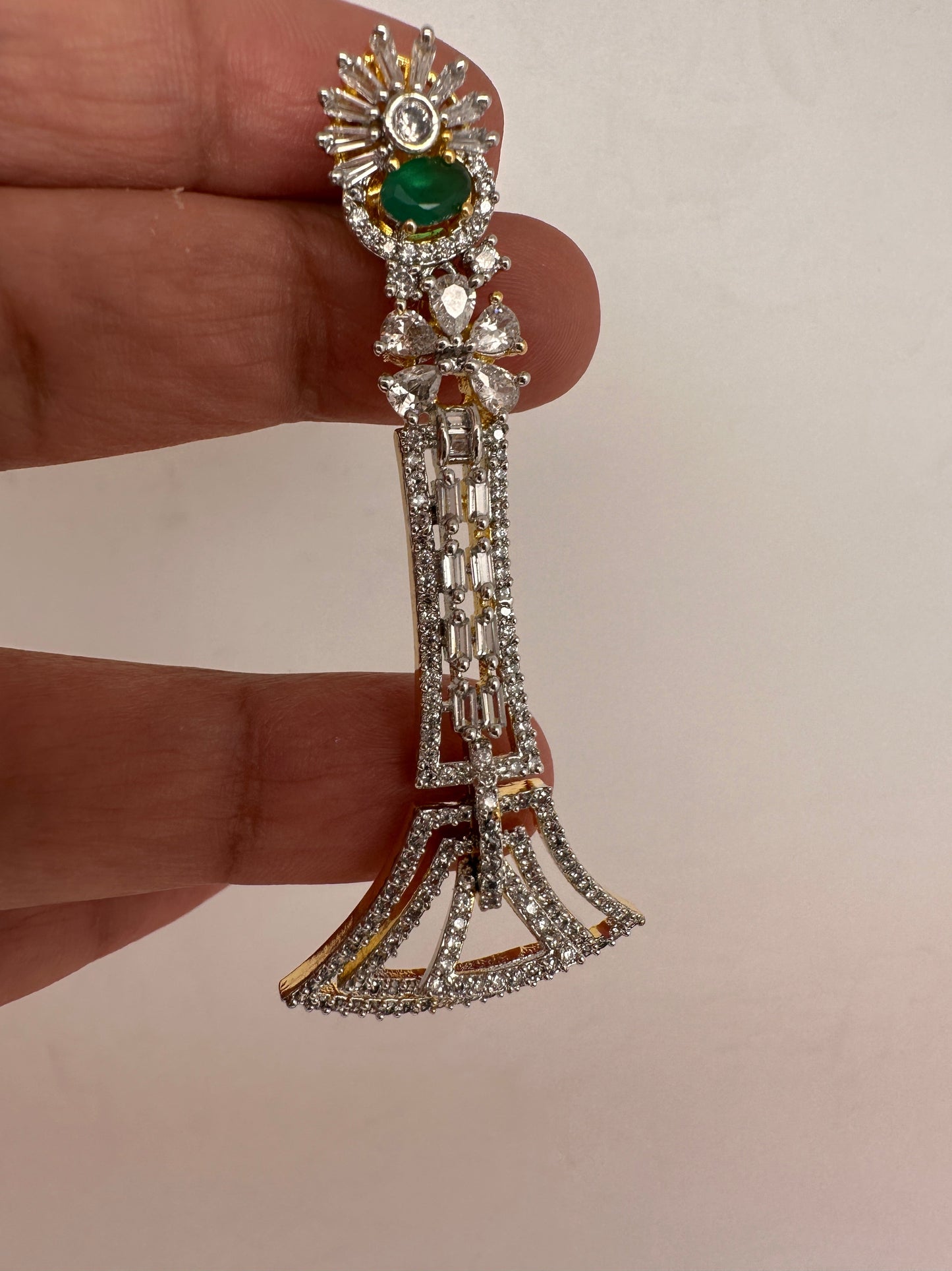 Baguette AD Emerald Green Stone Cascade Design Earrings