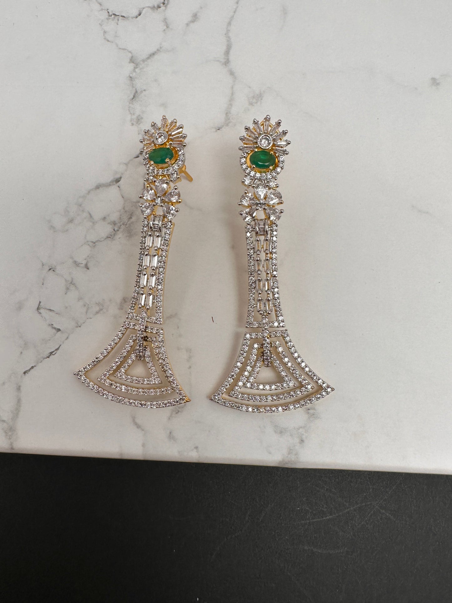 Baguette AD Emerald Green Stone Cascade Design Earrings