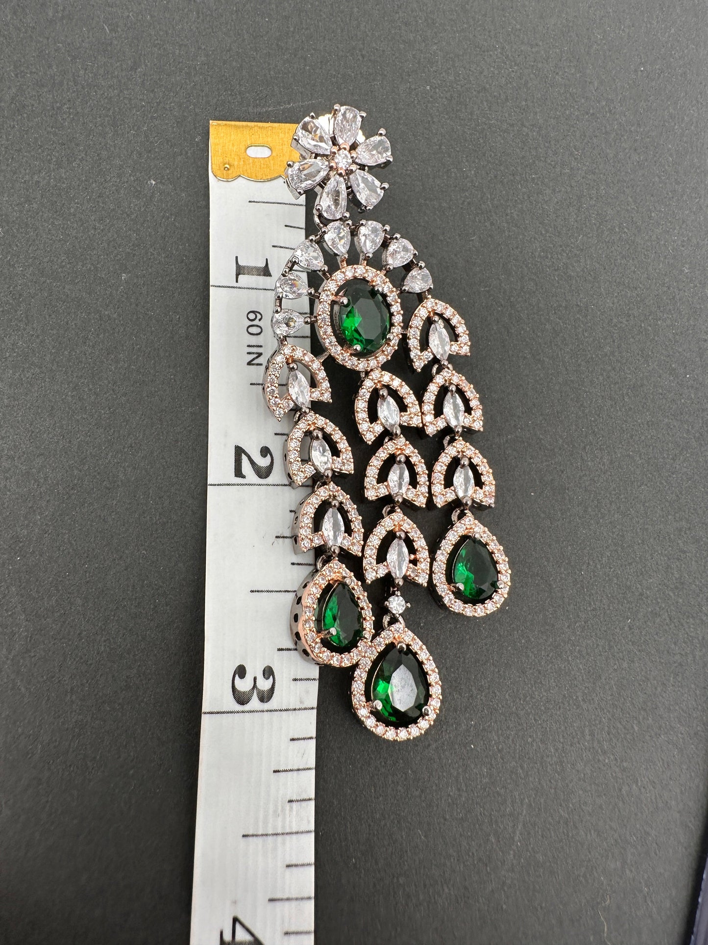 AD Color Stone Cascade Design Victorian Finish Earrings - Green