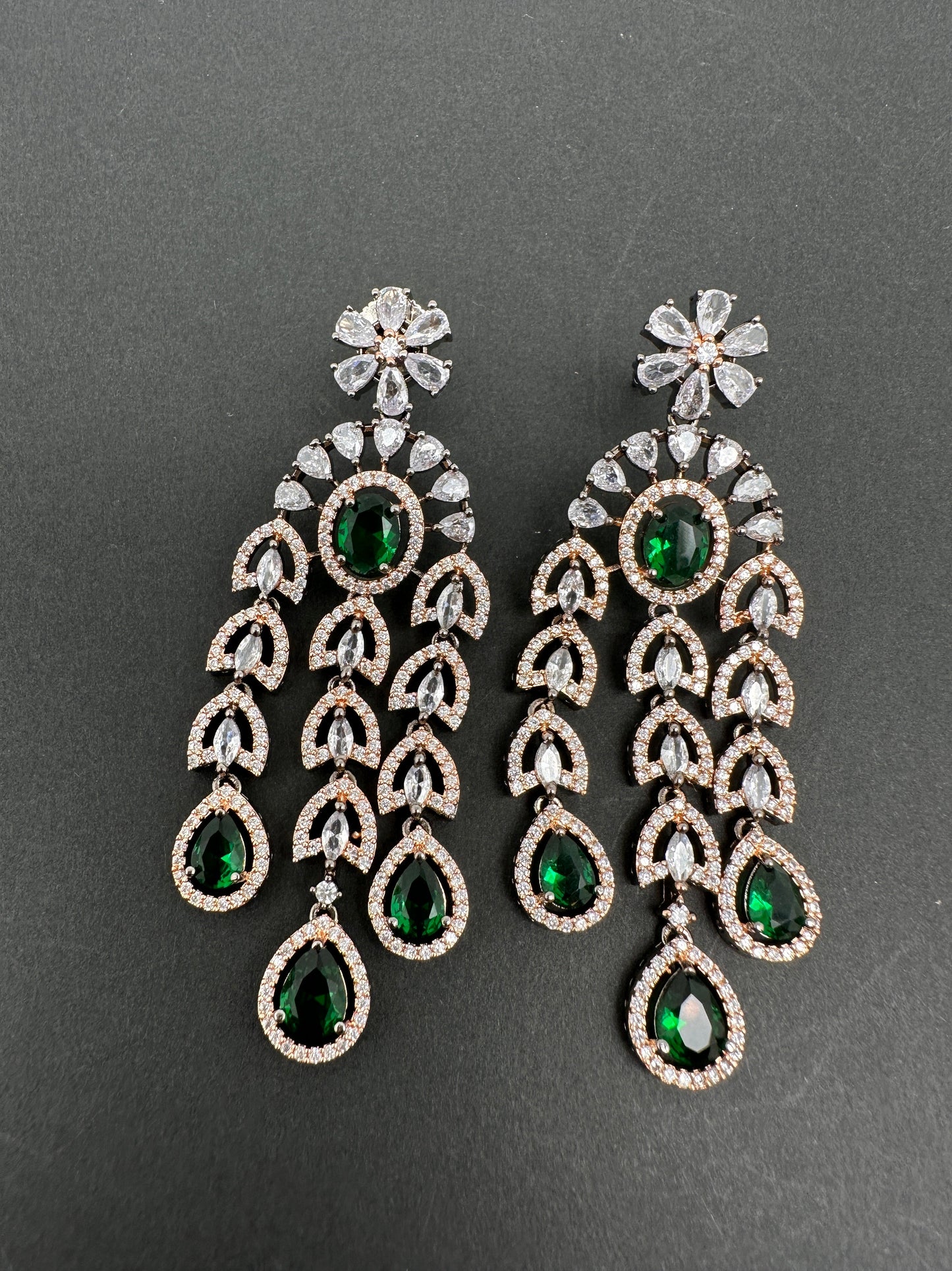 AD Color Stone Cascade Design Victorian Finish Earrings - Green