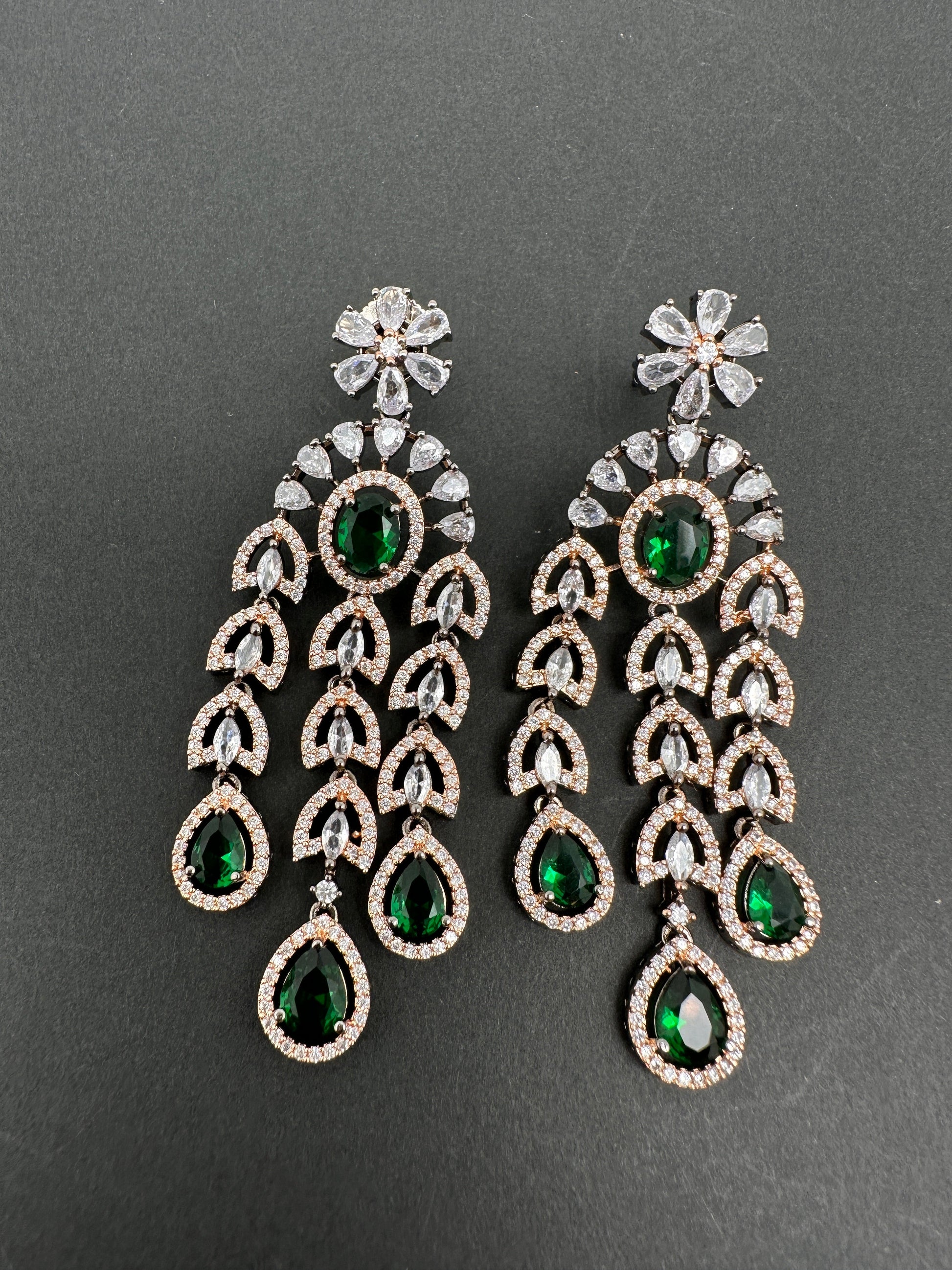 AD Color Stone Cascade Design Victorian Finish Earrings - Green