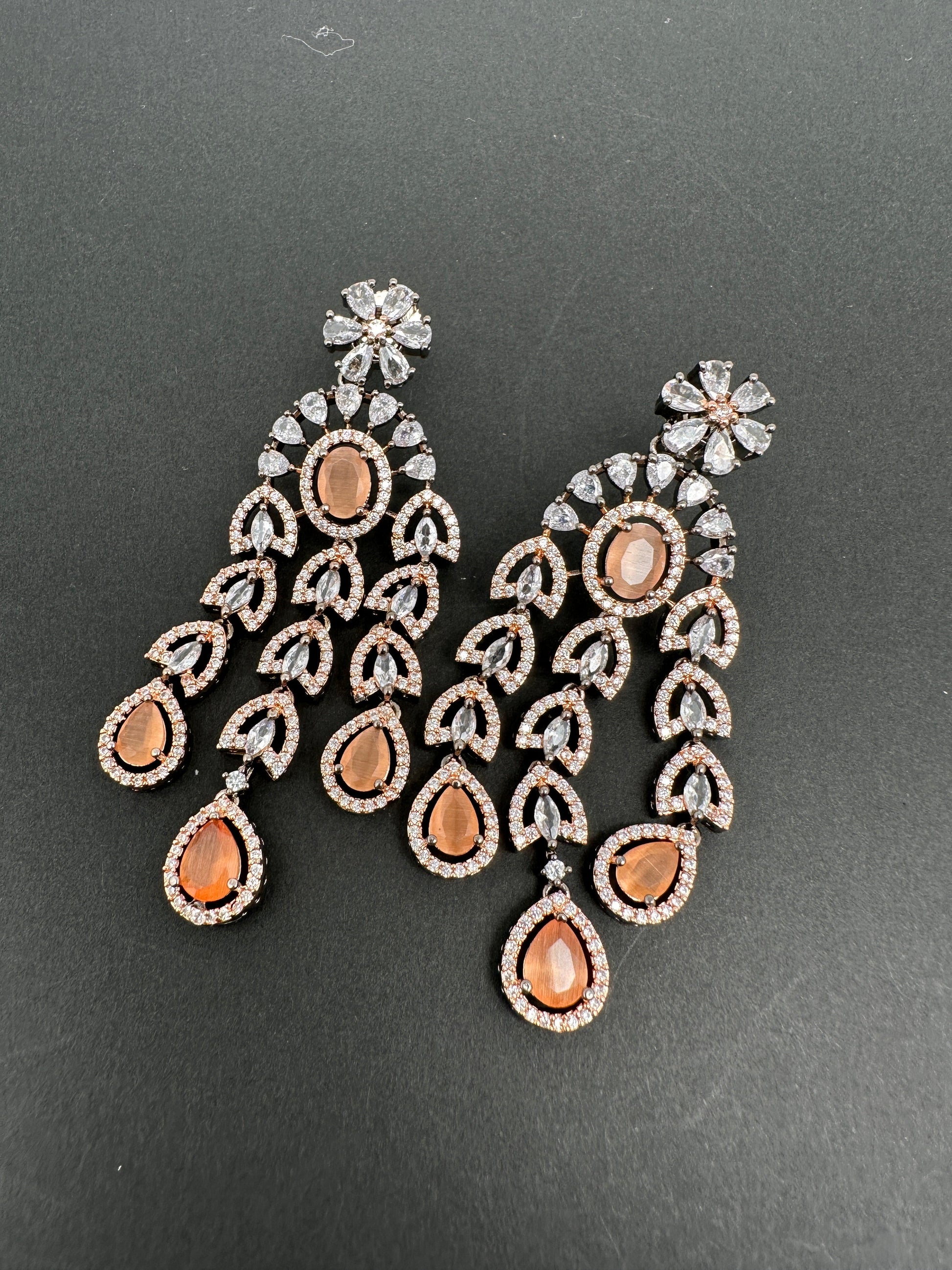 AD Color Stone Cascade Design Victorian Finish Earrings - PeachPuff