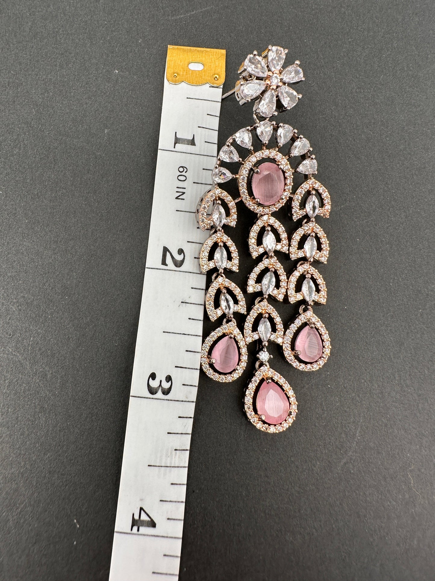 AD Color Stone Cascade Design Victorian Finish Earrings - Pink