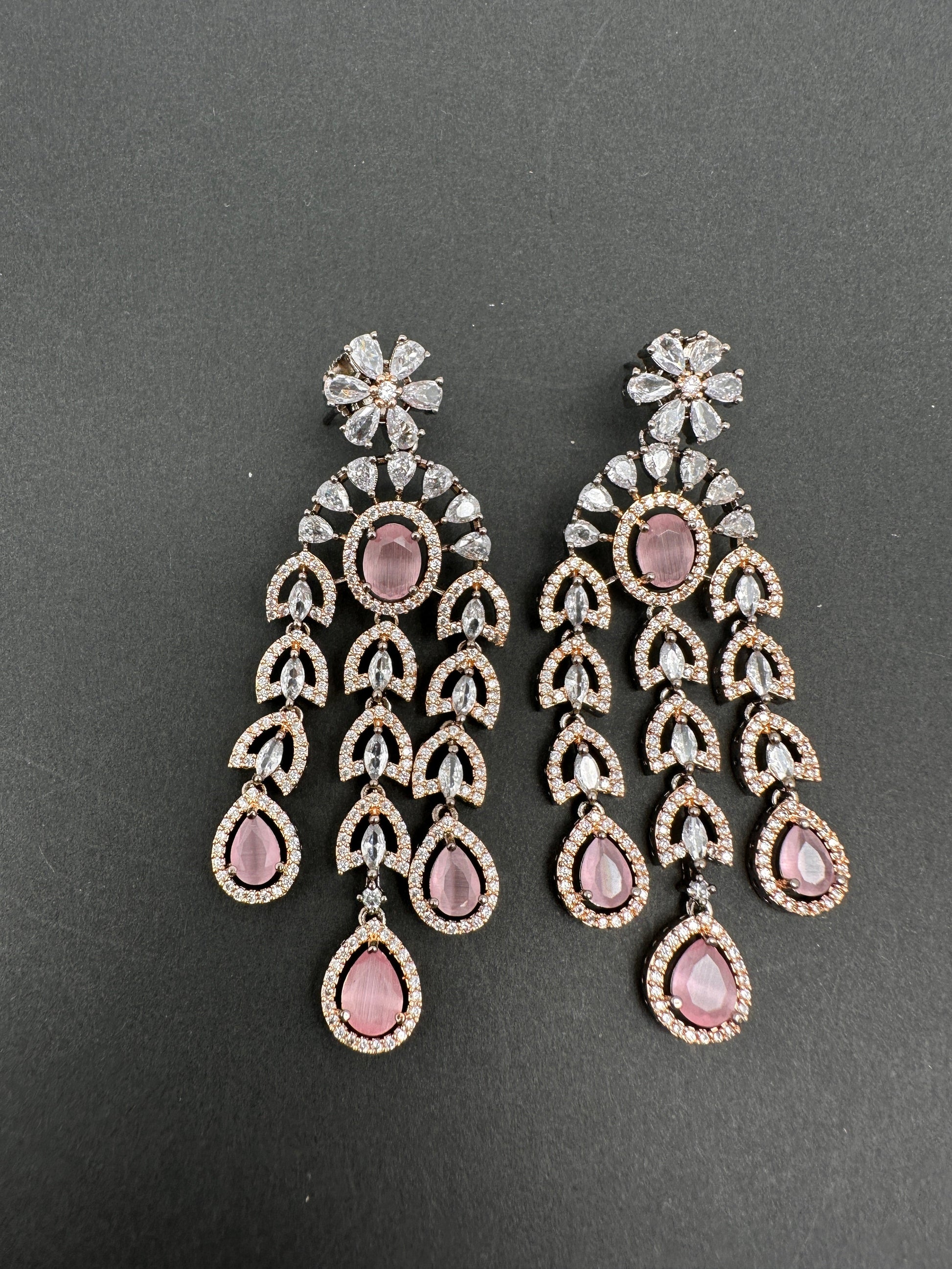 AD Color Stone Cascade Design Victorian Finish Earrings - Pink