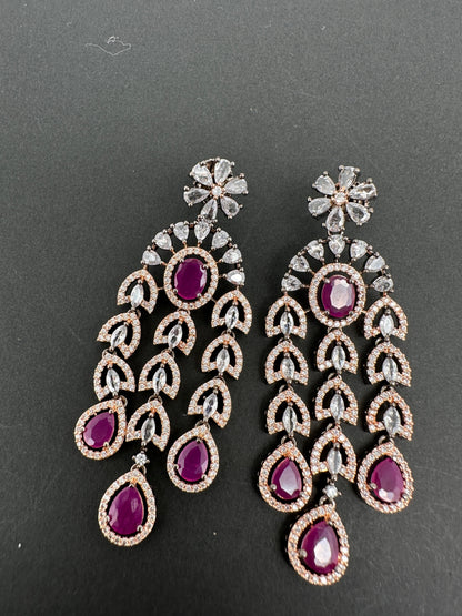 AD Color Stone Cascade Design Victorian Finish Earrings - Red