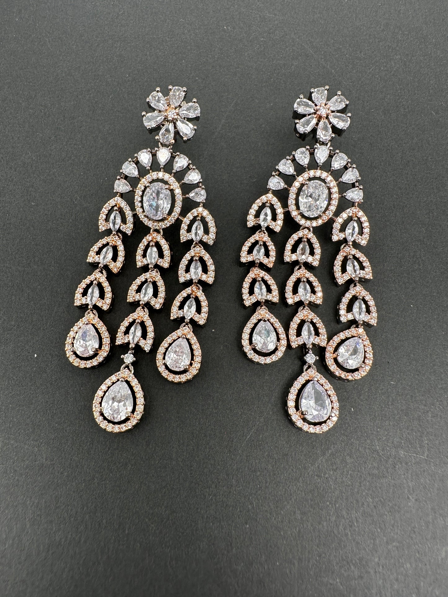 AD Color Stone Cascade Design Victorian Finish Earrings - White