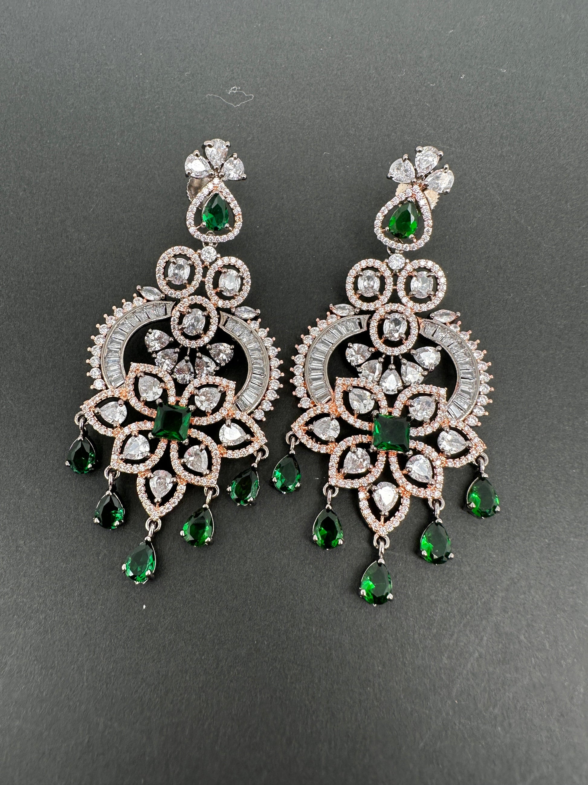 AD Color Stone Floral Design Victorian Finish Earrings - Green