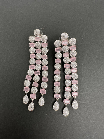 AD Color Stone Cascade Design Silver Finish Earrings - Pink